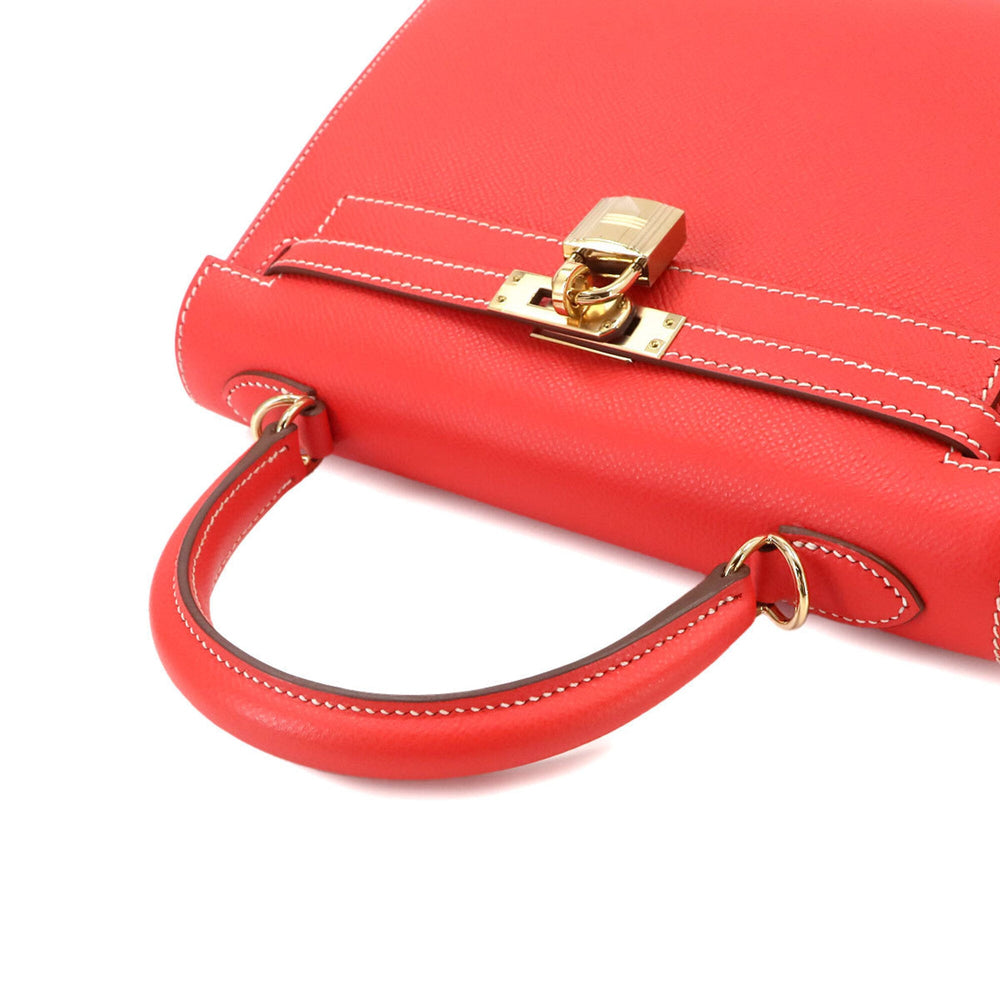 Hermes Candy Kelly 25 Epsom Rose Jaipur Gold 2-way Hand/Shoulder Handbag with external stitching, □Q stamp, gold hardware — Like New