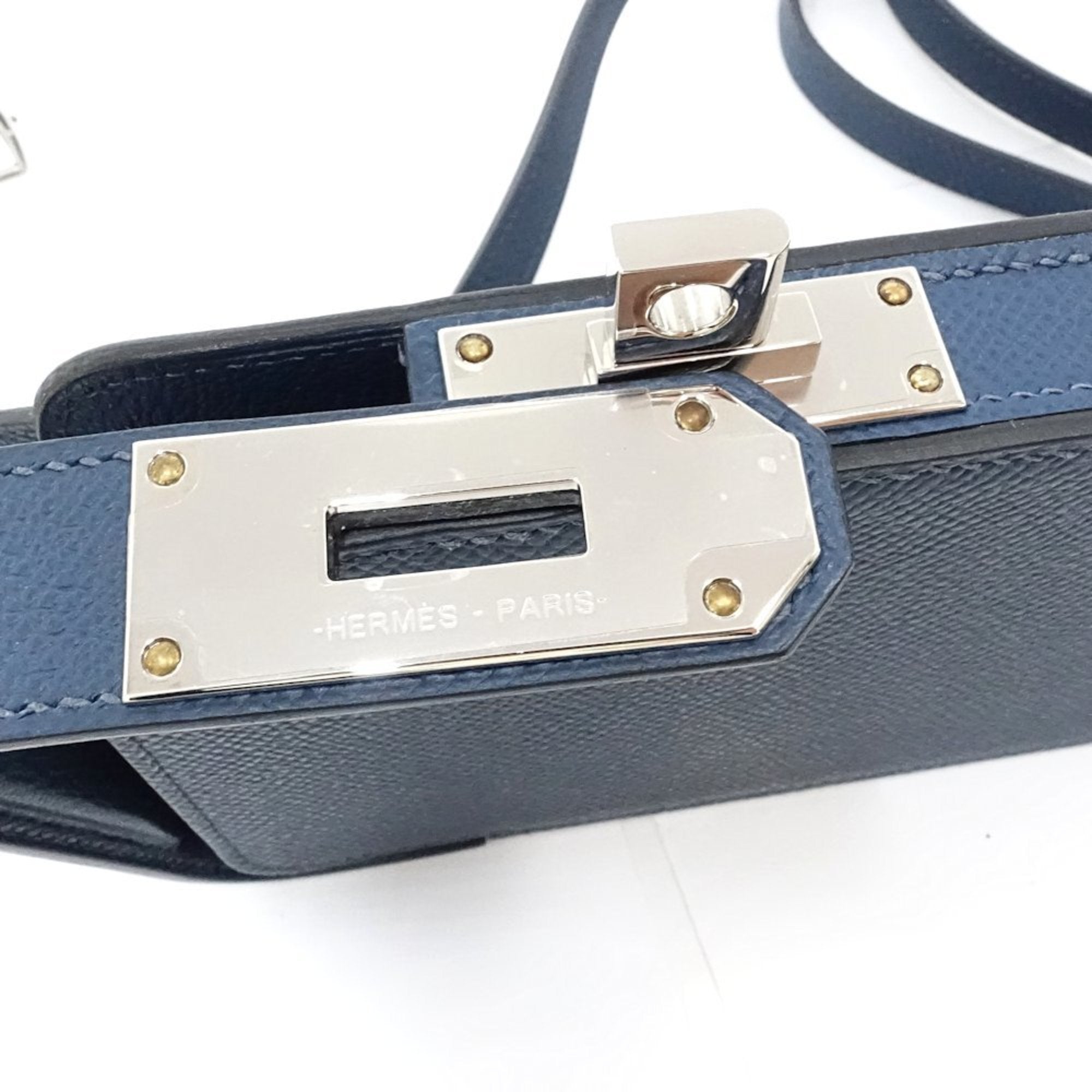 HERMES Aka Box WNN005 Pochette Shoulder Bag in Leather, Blue de Plus, Women's, 188592 — Like New