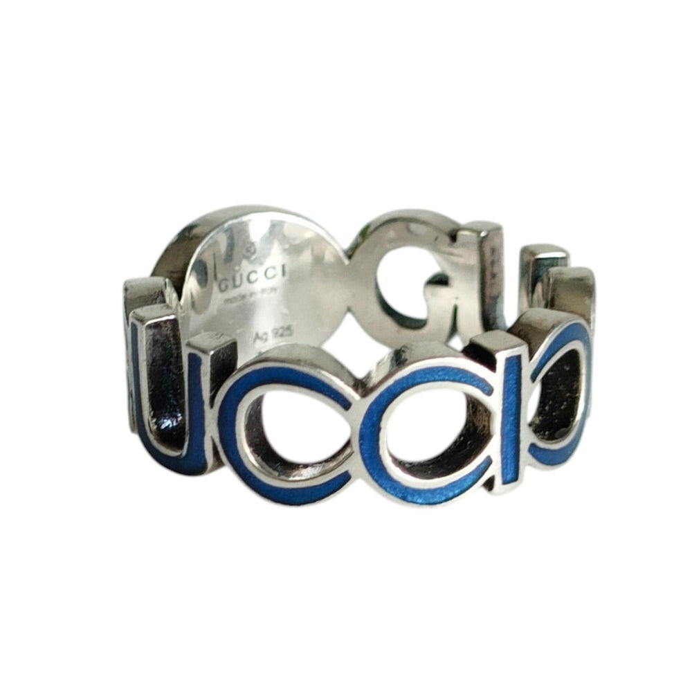 GUCCI 925 Interlocking GG Logo Silver Ring, Size 16 (equivalent to size 1), with Box, Blue Silver, Men's/Women's — Like New