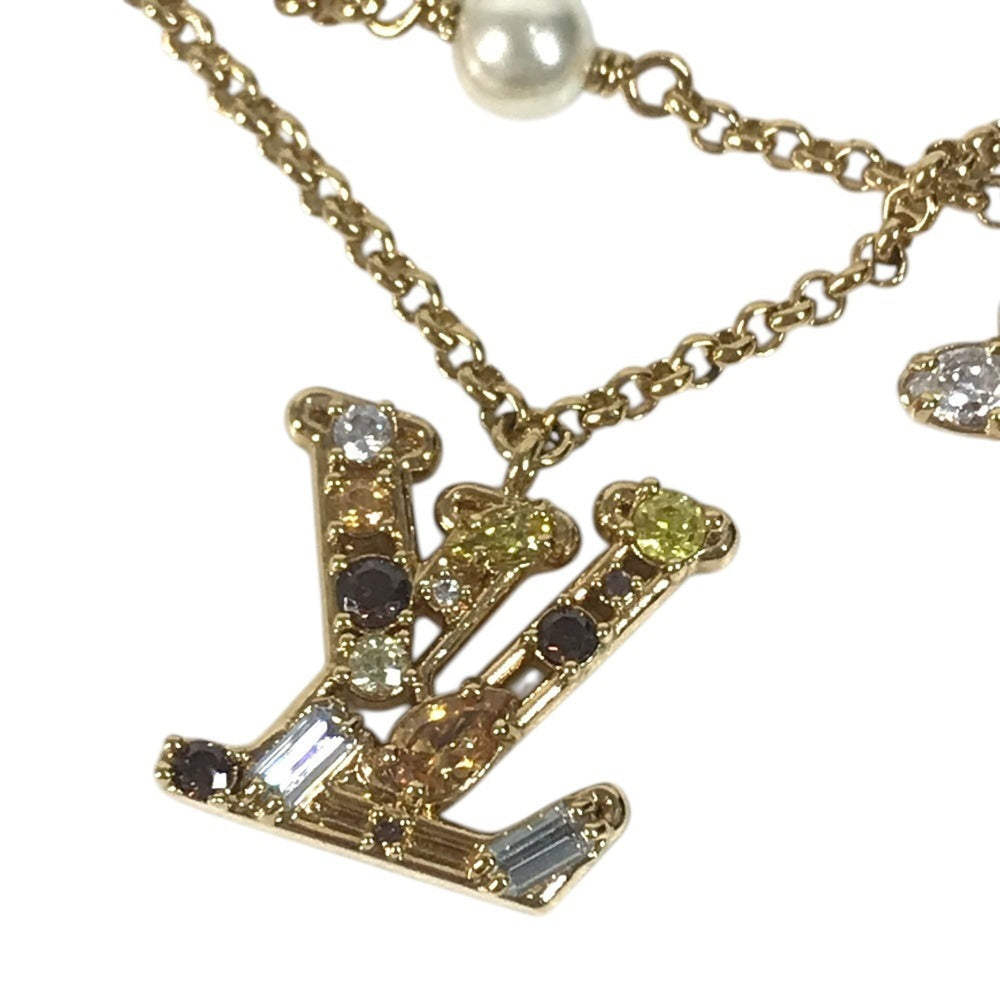 LOUIS VUITTON M1683A Bangle Accessory, Double Strand, Ladies' LV Metal Strass Faux Pearl Rhinestone Chain Bracelet, Metal, Men's & Women's, Gold — Like New