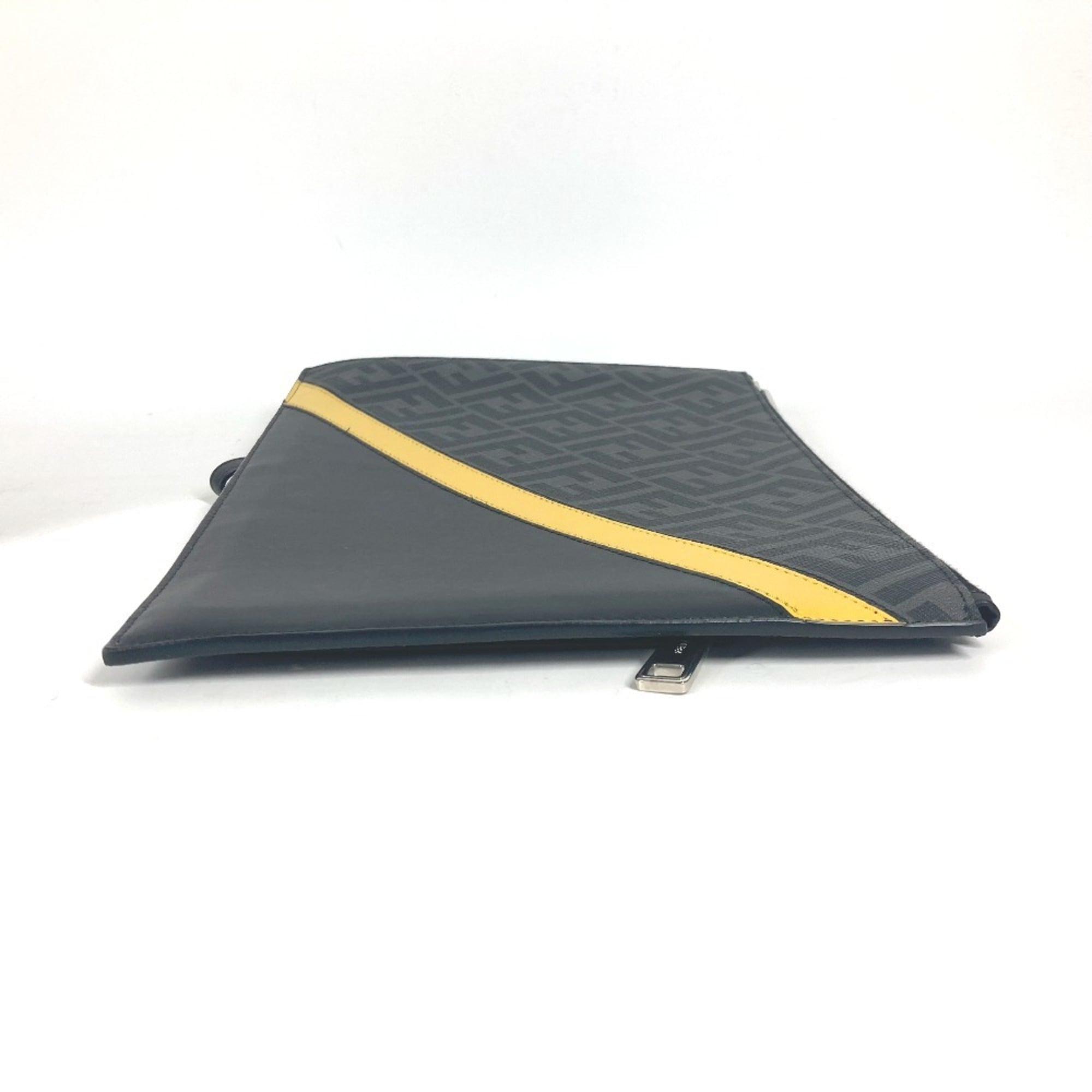 FENDI 7N0110 Flat Diagonal Zucca Second Bag Pouch Clutch Leather Men's Black x Yellow Gray E-240828-5 — Like New