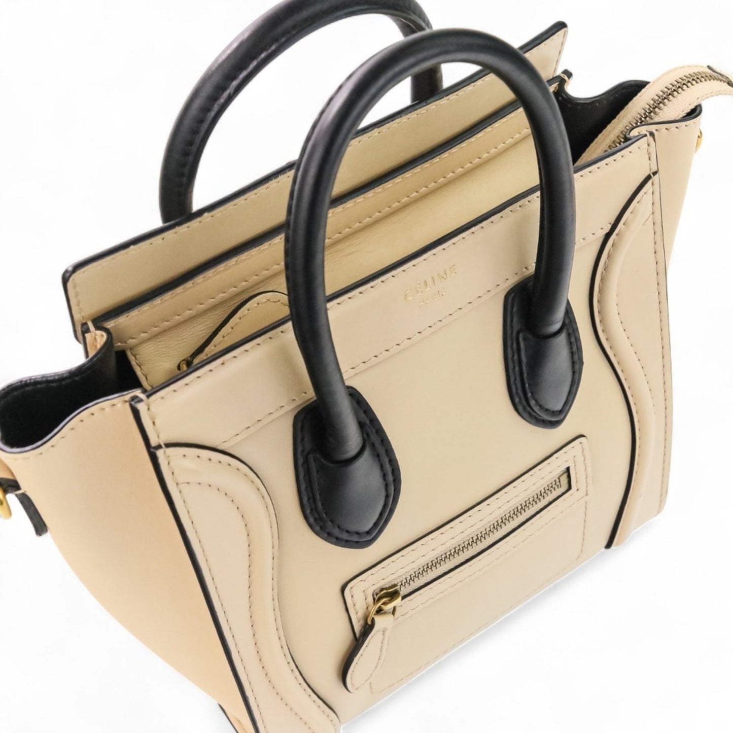 CELINE Luggage Nano Shopper 2-Way Tote Bag/Shoulder Bag in Two-Tone Beige and Black for Women