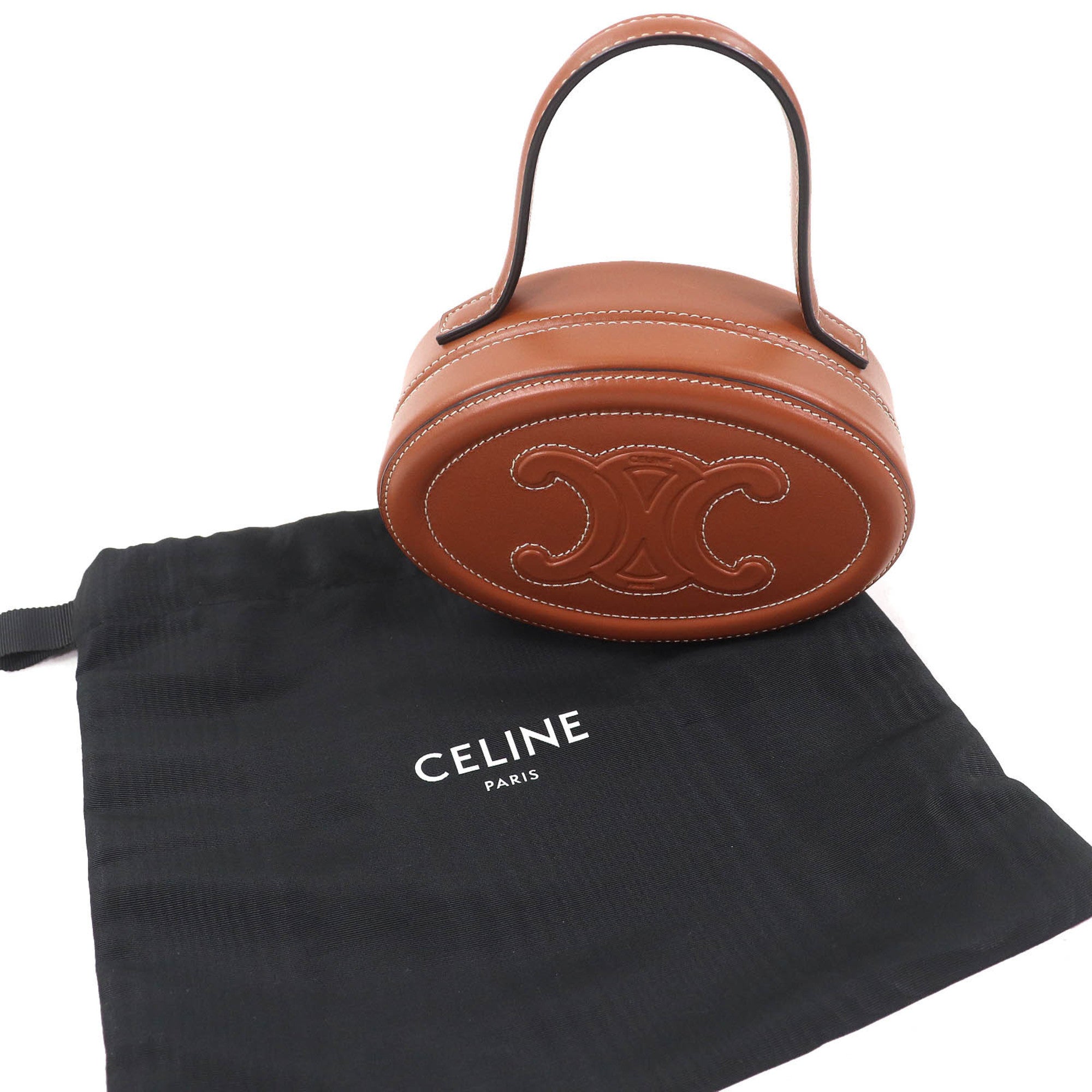CELINE 198613 Oval Minaudière Cuir Triomphe Smooth Calfskin Leather Handbag in Tan and Brown, Includes Dust Bag, Made Italy — Like New