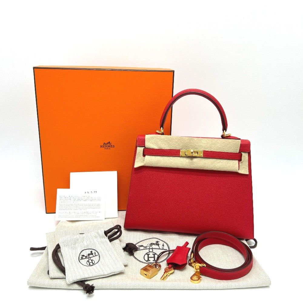 HERMES Kelly 25, Outer Stitching, 2-Way Bag, Shoulder Handbag, Epsom Leather, Women's, ROUGE RADIEUX, Gold Hardware, Red — New - Store Return