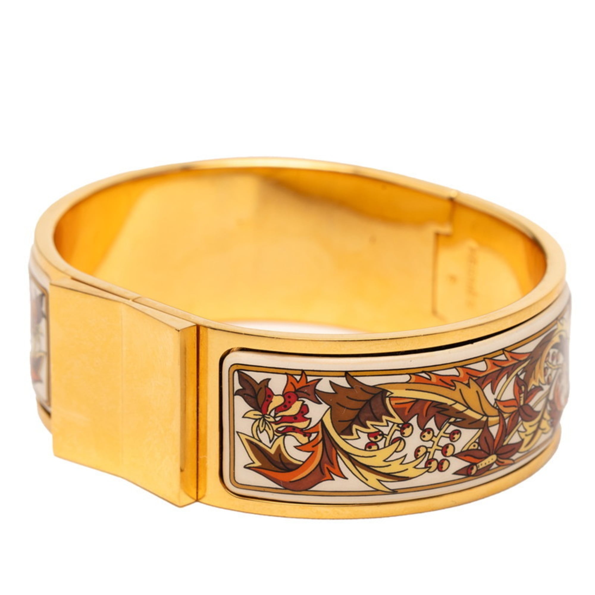 Hermes enamel GM roque cloisonné bangle in gold, white, and multicolored plating for women.