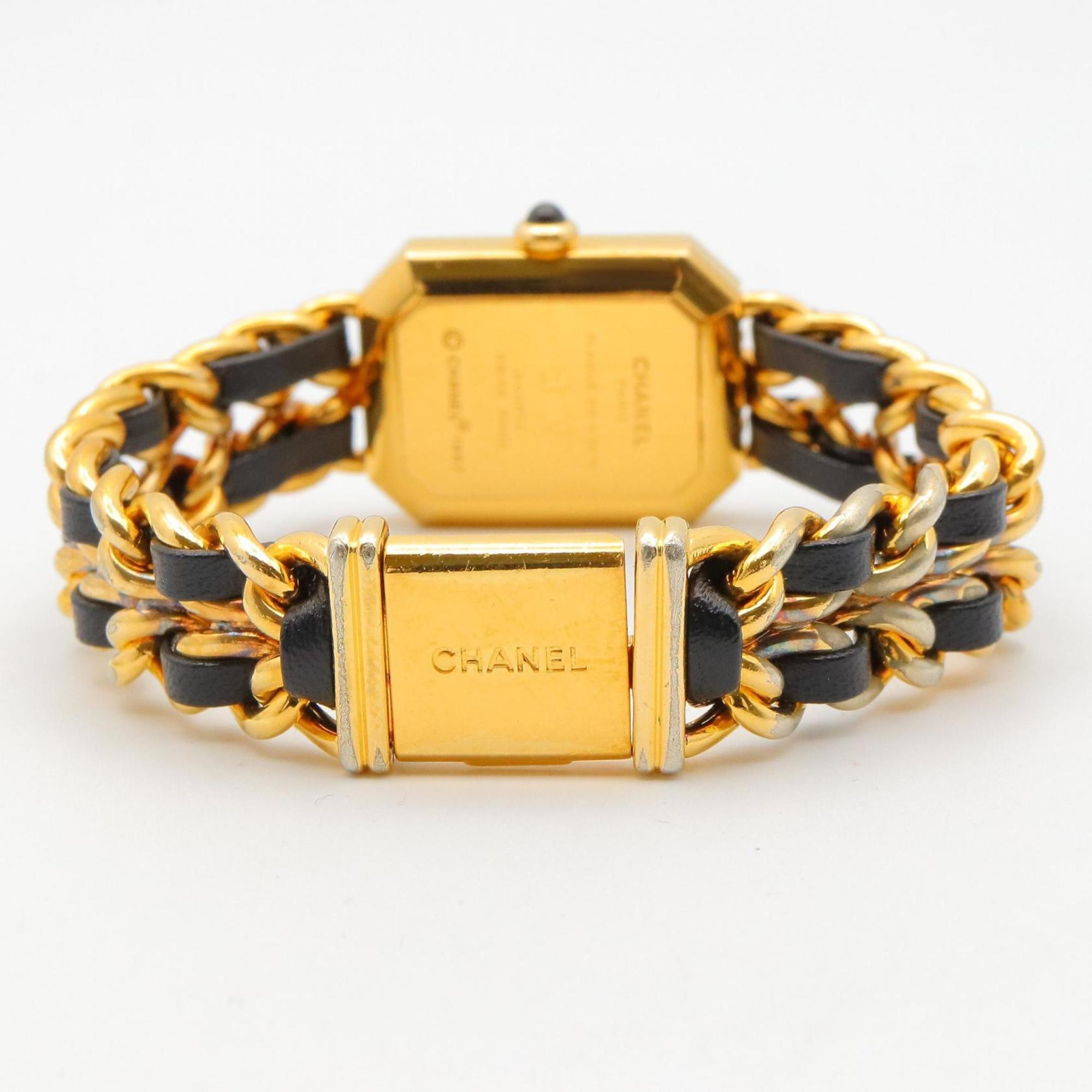 CHANEL Premiere M Watch, Gold-Plated, with Leather Strap, Black, Women's, H0001 — Very Good
