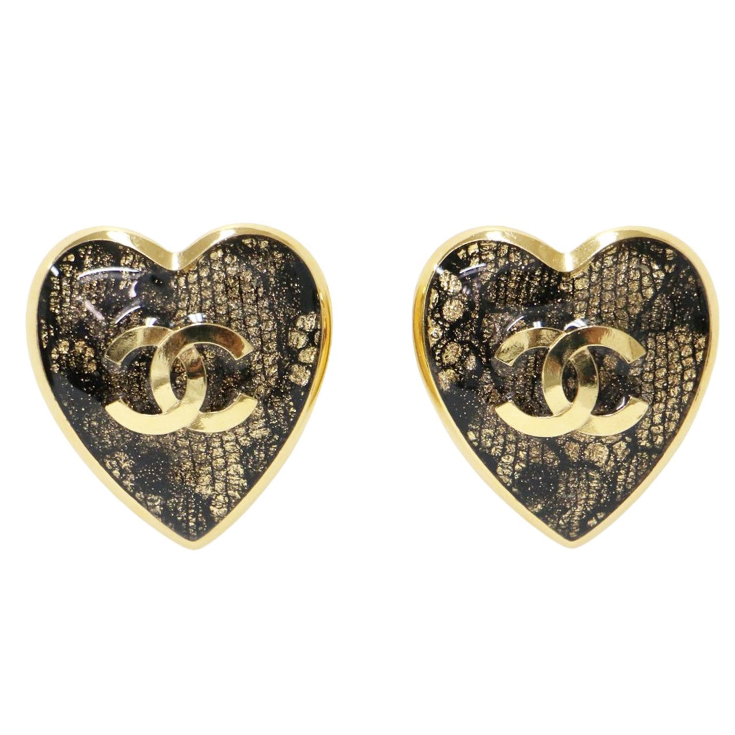CHANEL Chanel Earrings Gold Heart Coco Mark Lace Metal Resin C24 K