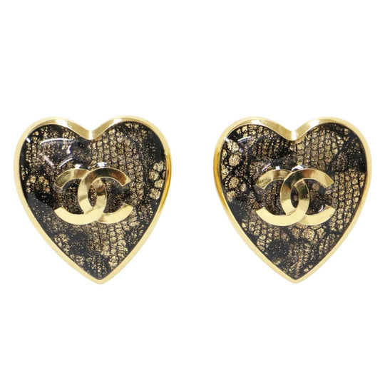 CHANEL Chanel Earrings Gold Heart Coco Mark Lace Metal Resin C24 K
