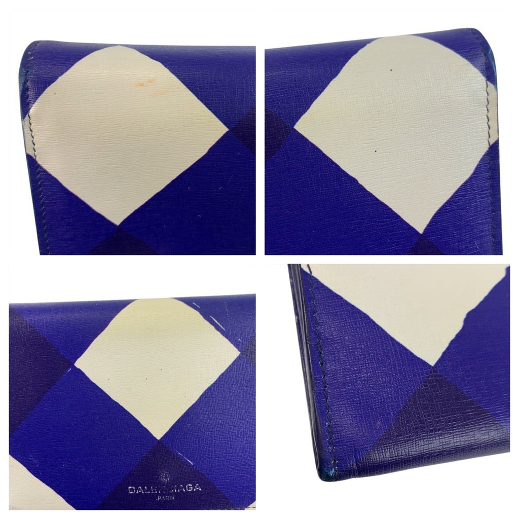BALENCIAGA Blue and White Leather Long Wallet with Silver Hardware for Women
