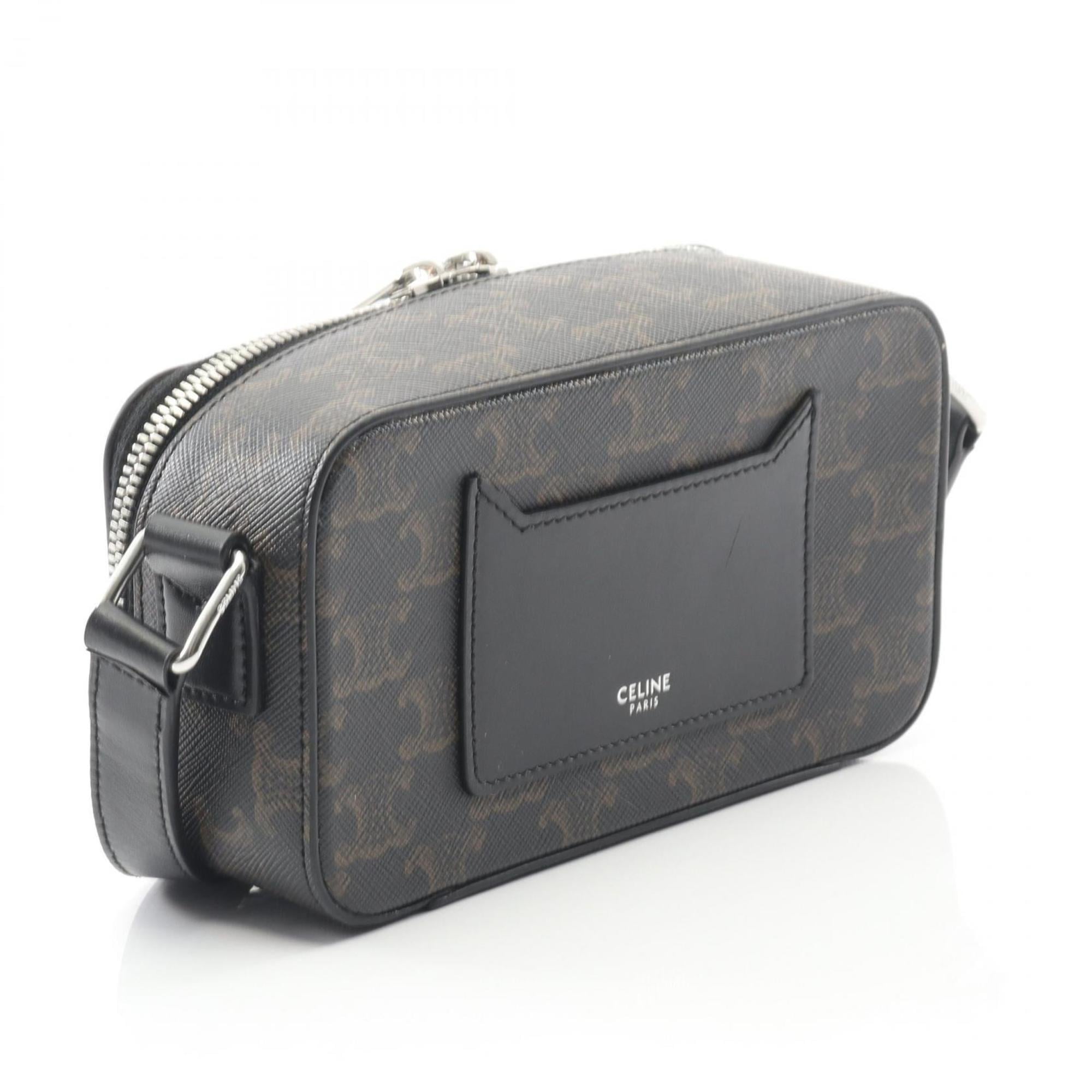 Celine Triomphe shoulder bag in coated canvas and leather, men's, black brown, 114902EVJ