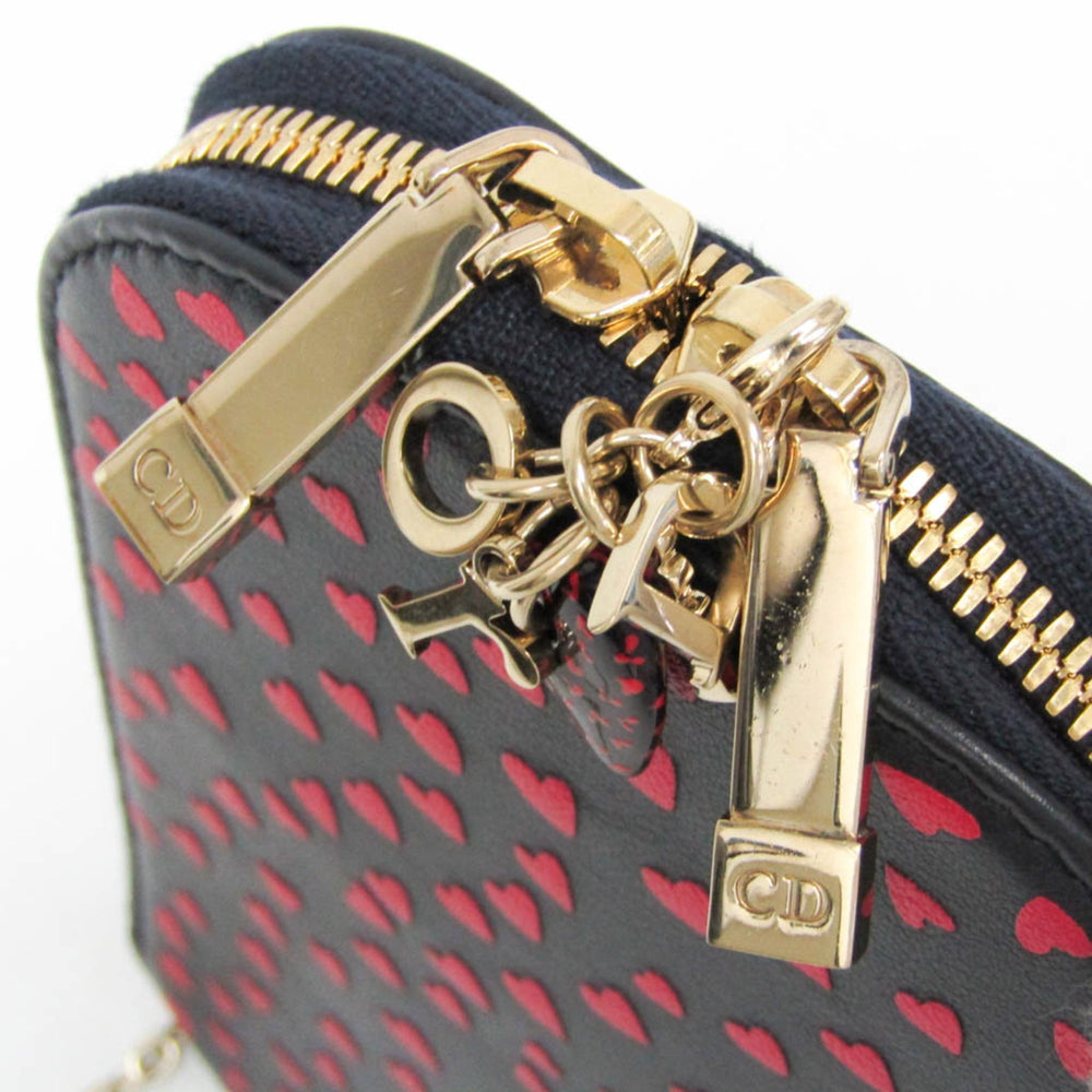 Christian Dior Lady Dior Phone Holder Women's Leather Pouch,Shoulder Bag Dark Navy,Red Color — Like New