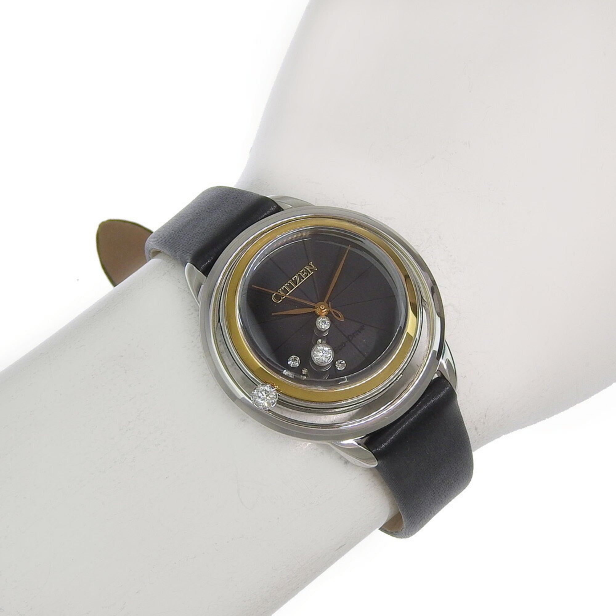 Citizen B036 S112052 Women's Watch, Black Dial, 3 Hands, 5 Diamonds, Stainless Steel, Leather Strap, Eco-Drive, Approx. 32mm — Very Good