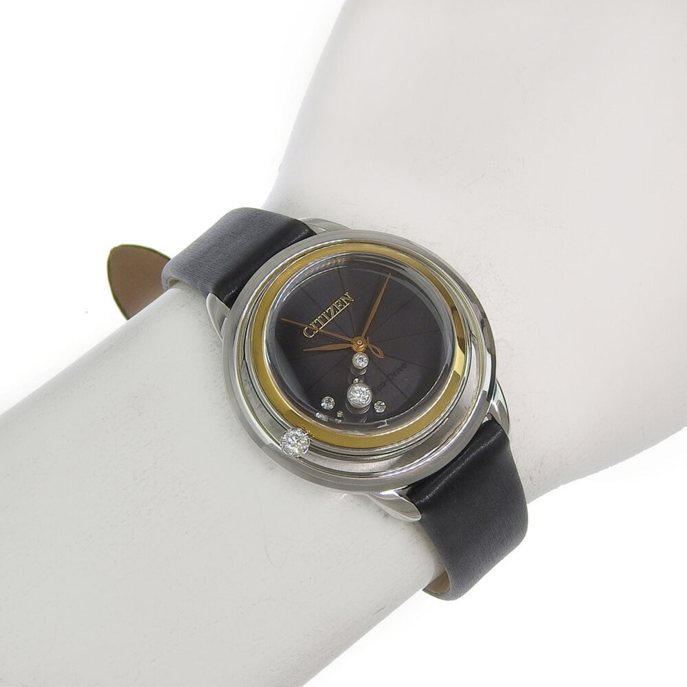 Citizen B036 S112052 Women's Watch, Black Dial, 3 Hands, 5 Diamonds, Stainless Steel, Leather Strap, Eco-Drive, Approx. 32mm — Very Good
