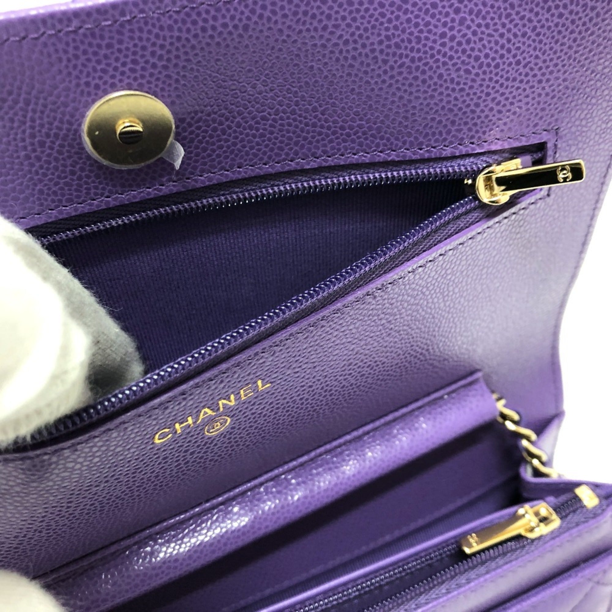 CHANEL A33814 CC Coco Mark Matelasse Chain Wallet Shoulder Bag Caviar Skin Women's Purple — New - Store Return
