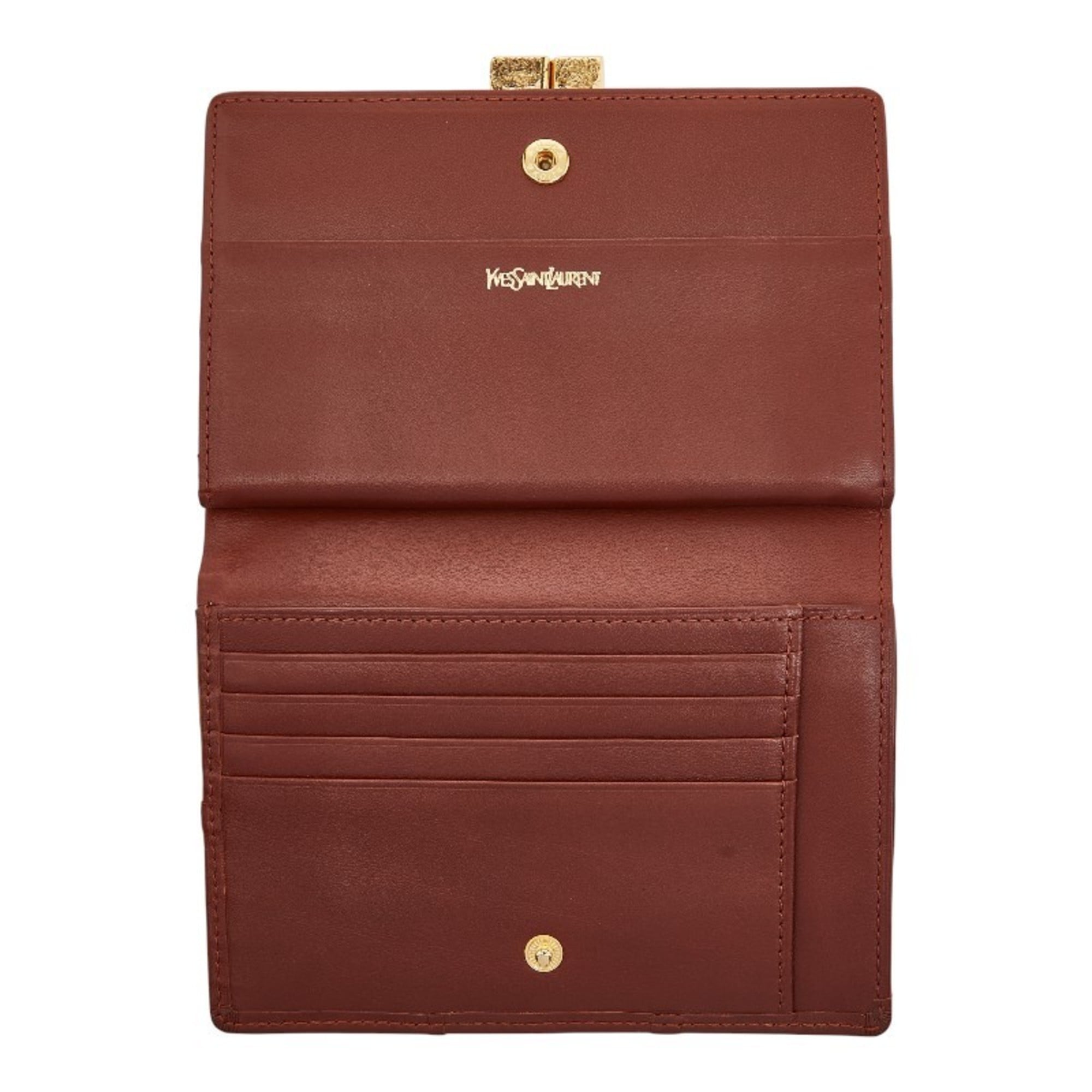 Saint Laurent YSL logo studded bifold wallet in brown leather for women.