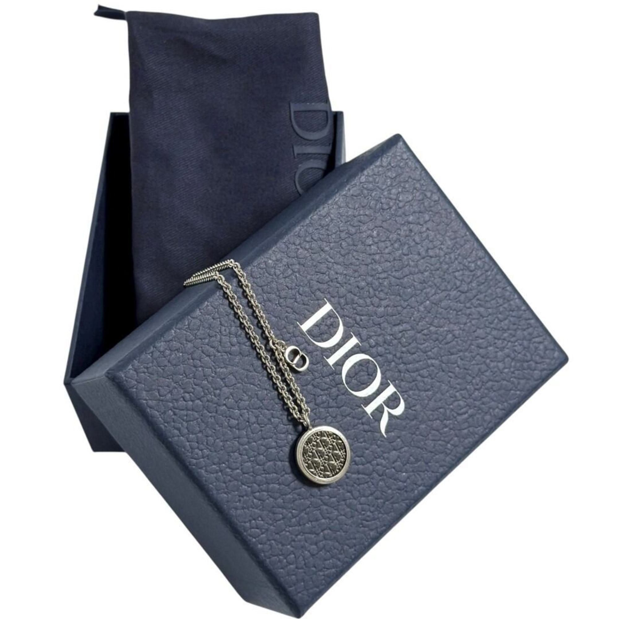 Christian Dior Dior Men's Oblique Circle Pendant Necklace in Silver and Black — Like New