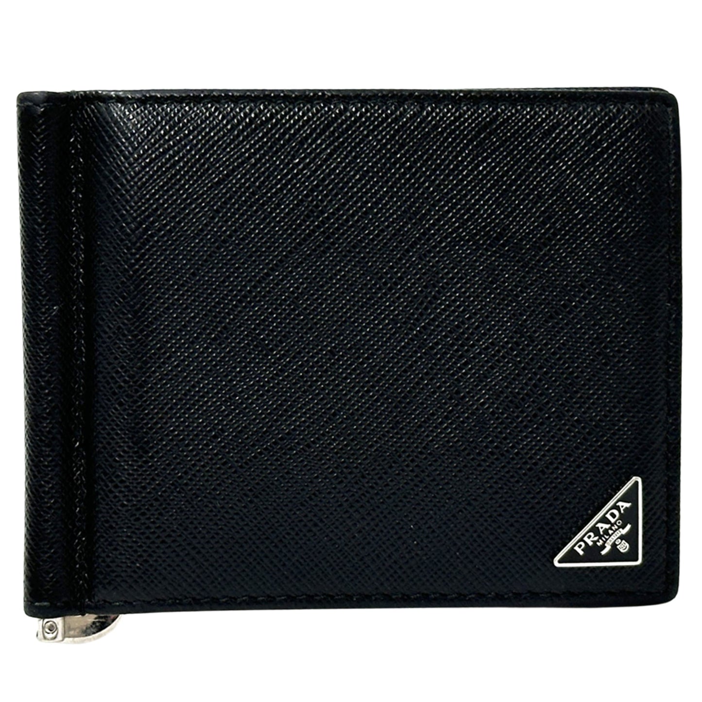 Prada Men's Saffiano NERO Money Clip 2MN077 Bifold Wallet with Triangle Logo