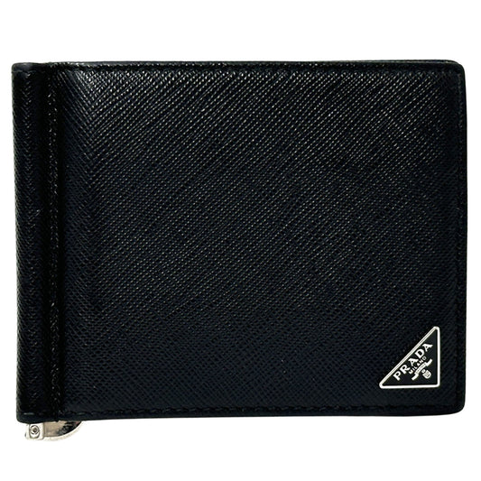 Prada Men's Saffiano NERO Money Clip 2MN077 Bifold Wallet with Triangle Logo