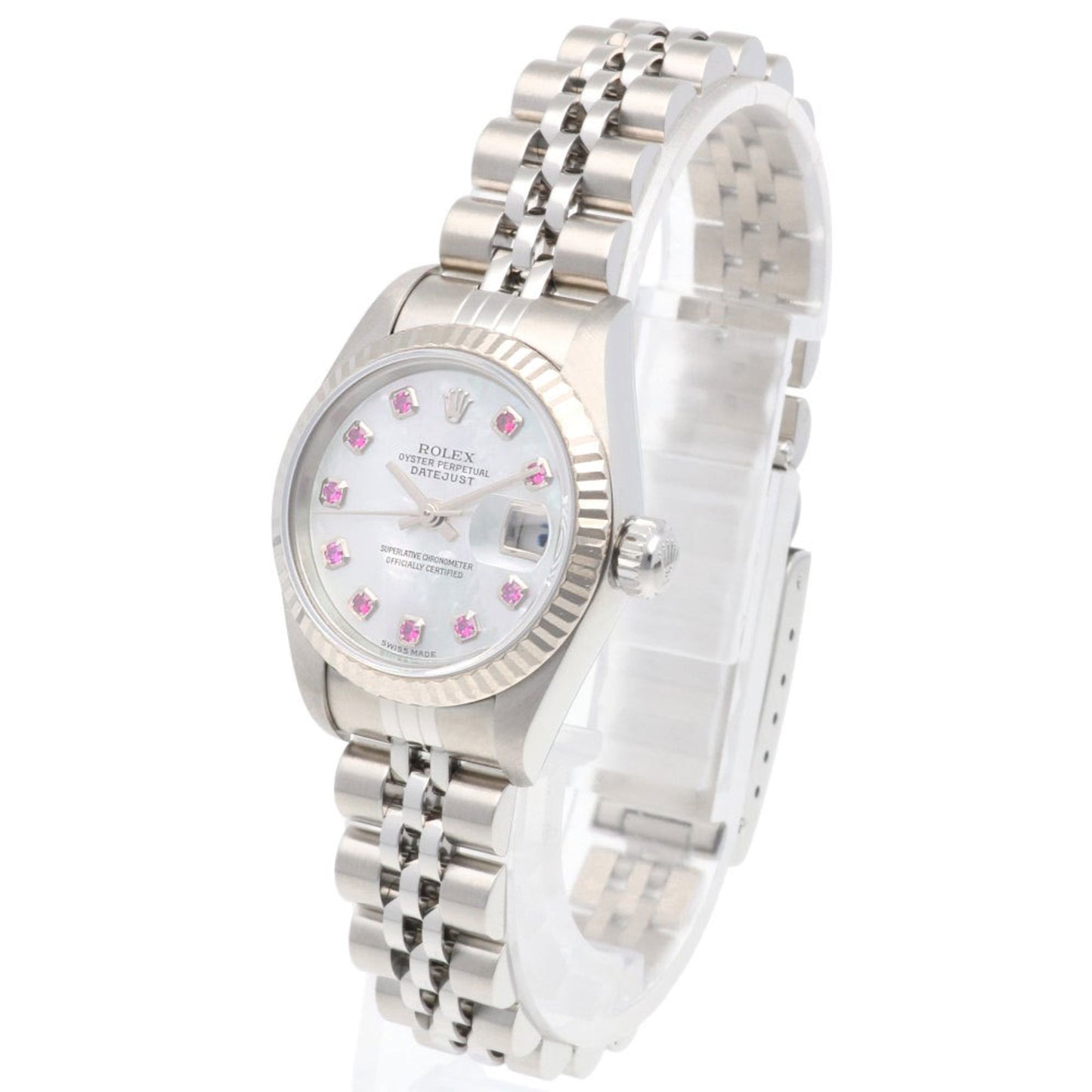 Rolex Datejust Oyster Perpetual Watch, Stainless Steel, Automatic, Women's, 79174NGR, ROLEX F-Serial, 2003-2004 Model, 10 Ruby Beads, White Shell, Overhauled