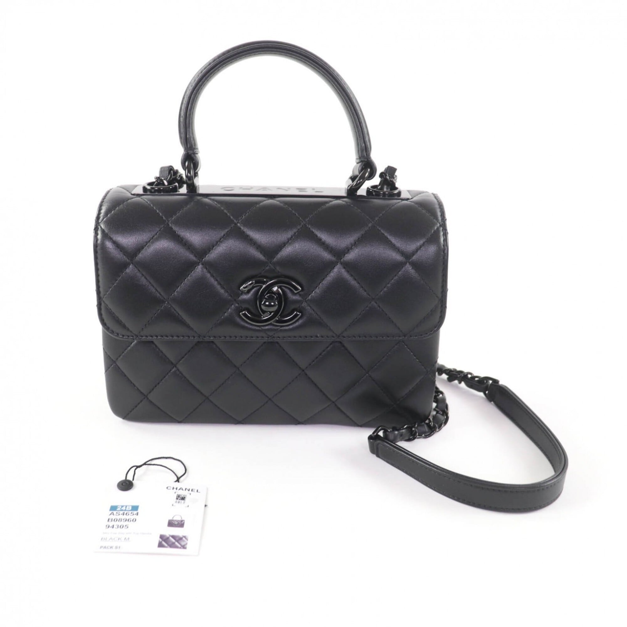 CHANEL Trendy CC Lambskin Leather Top Handle Matelassé Chain Shoulder Bag, Black with Hardware, Made in Italy, Women's — Like New