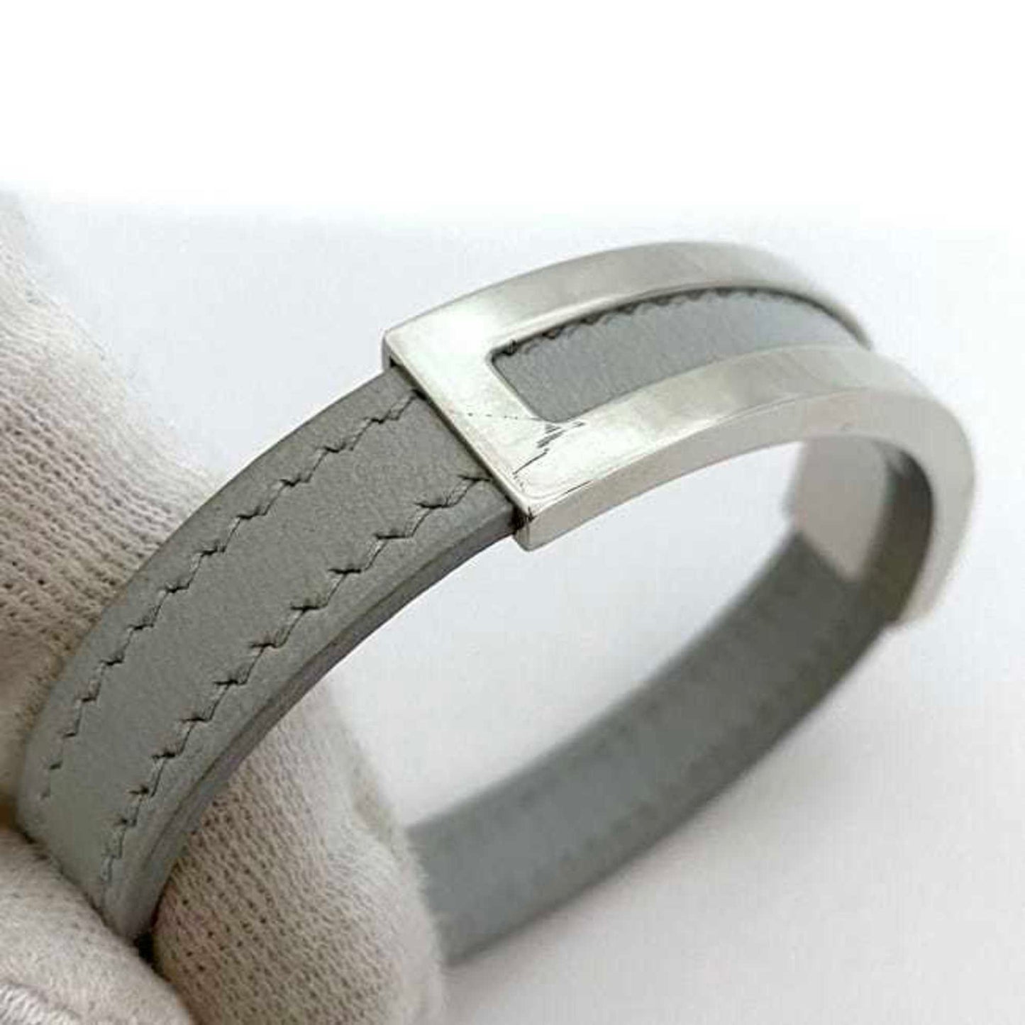 Hermes Bracelet Puspus ec-22360 Grey Silver Leather Metal □F Stamp HERMES Adjustable Size Ladies Accessory