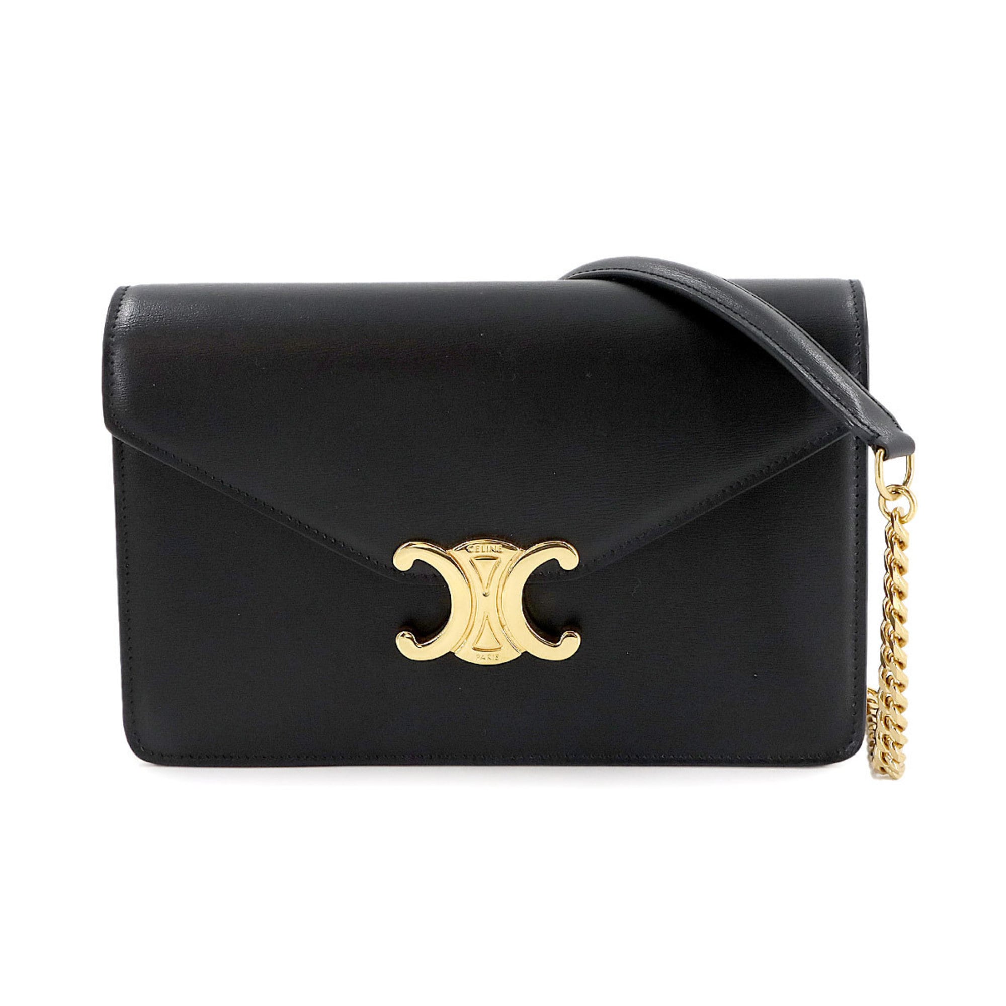 Celine Margo Triomphe Chain Wallet, Black Leather with Gold Hardware, 10L033DPV