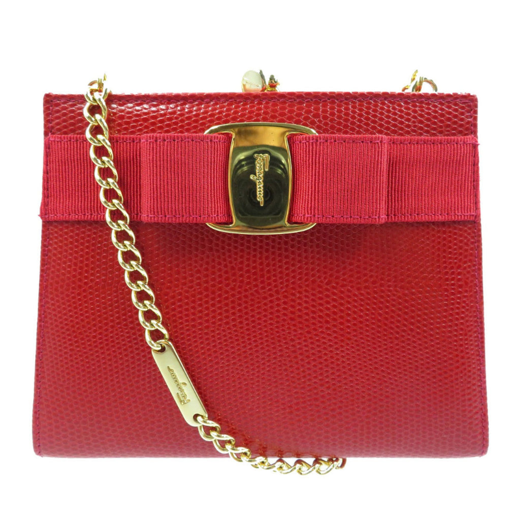 Excellent condition Salvatore Ferragamo Vara Ribbon embossed lizard red shoulder bag 223354 with gold chain. Item number 0018. Ferragamo.