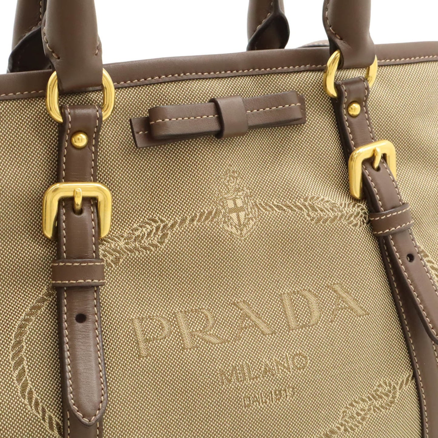 PRADA Jacquard Ribbon Handbag/Tote/Shoulder Bag in Canvas Khaki Beige and Mocha Brown (BN1841)