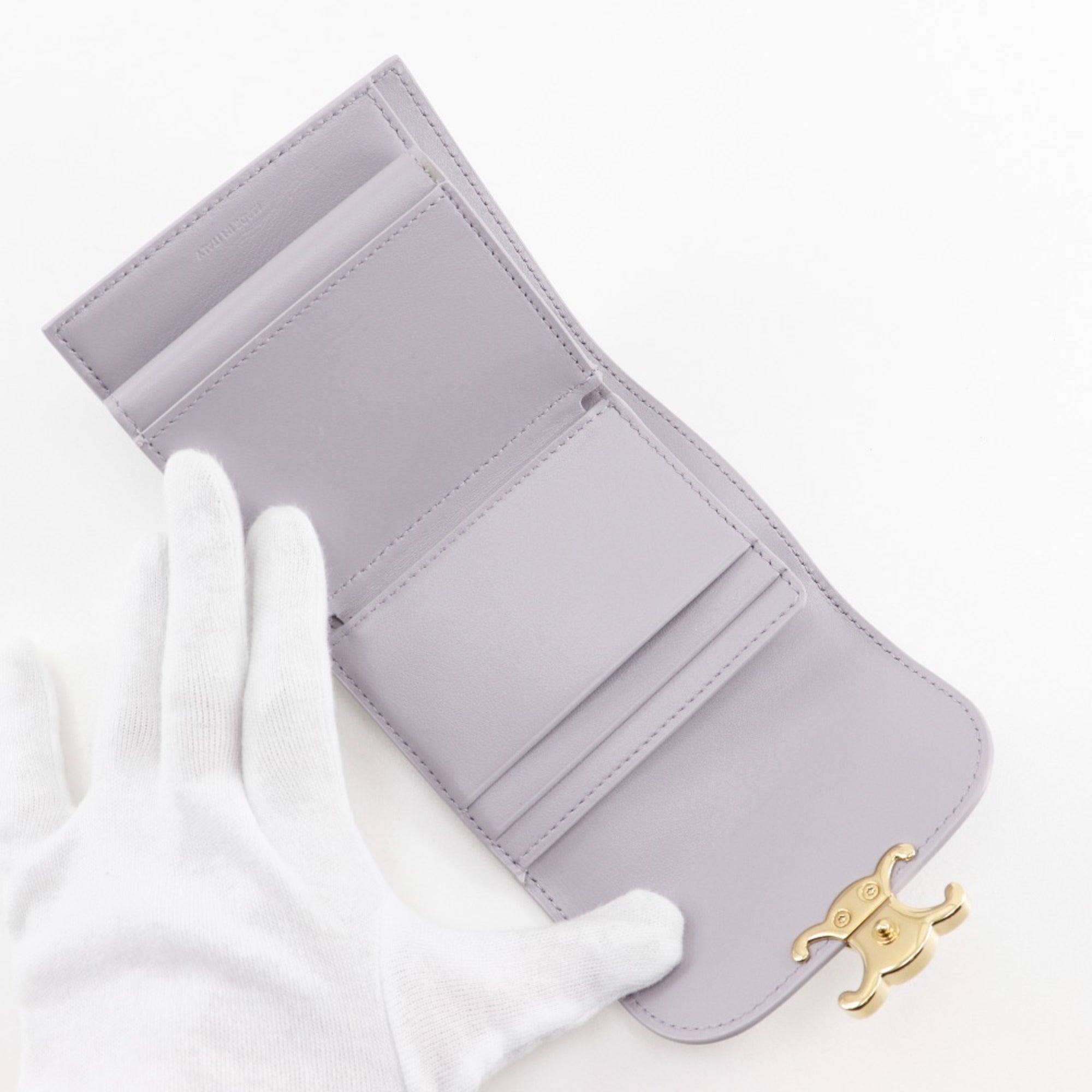 Celine Triomphe Tri-fold Wallet, Small Flap Compact Leather, Purple, Snap Button, Triomphe, Women's