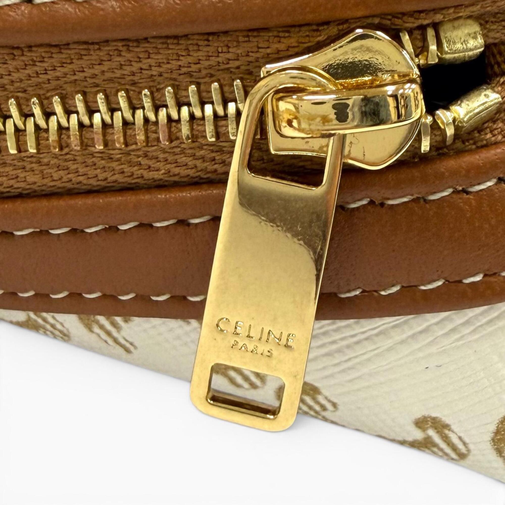 CELINE 10E382CBX Triomphe Canvas Logo Chain Clutch Bag Shoulder Off-White Brown Made in Italy Women's Comes with Box and Dust — Like New