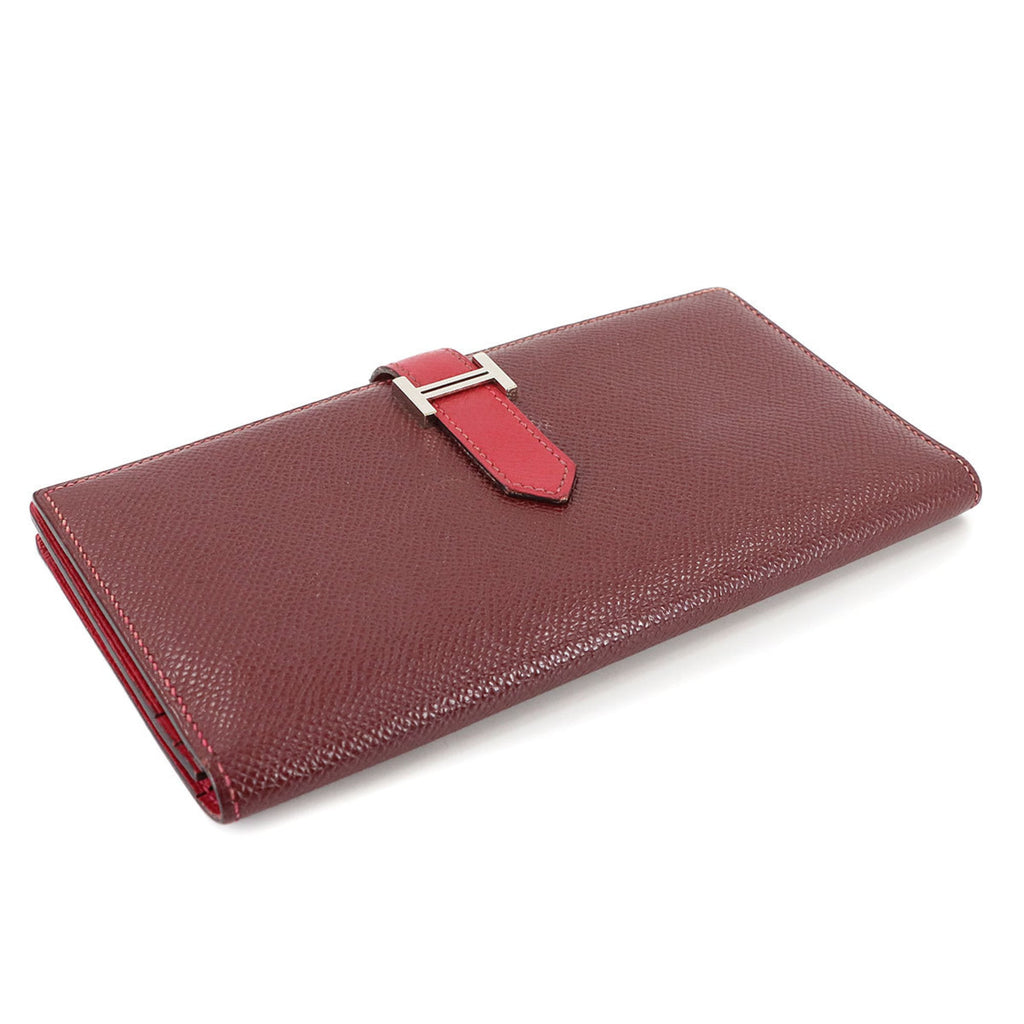 Hermes Hermès Bearn Soufflet Bifold Long Wallet, Epson Rouge H, Kazac, T Stamp, Silver Hardware