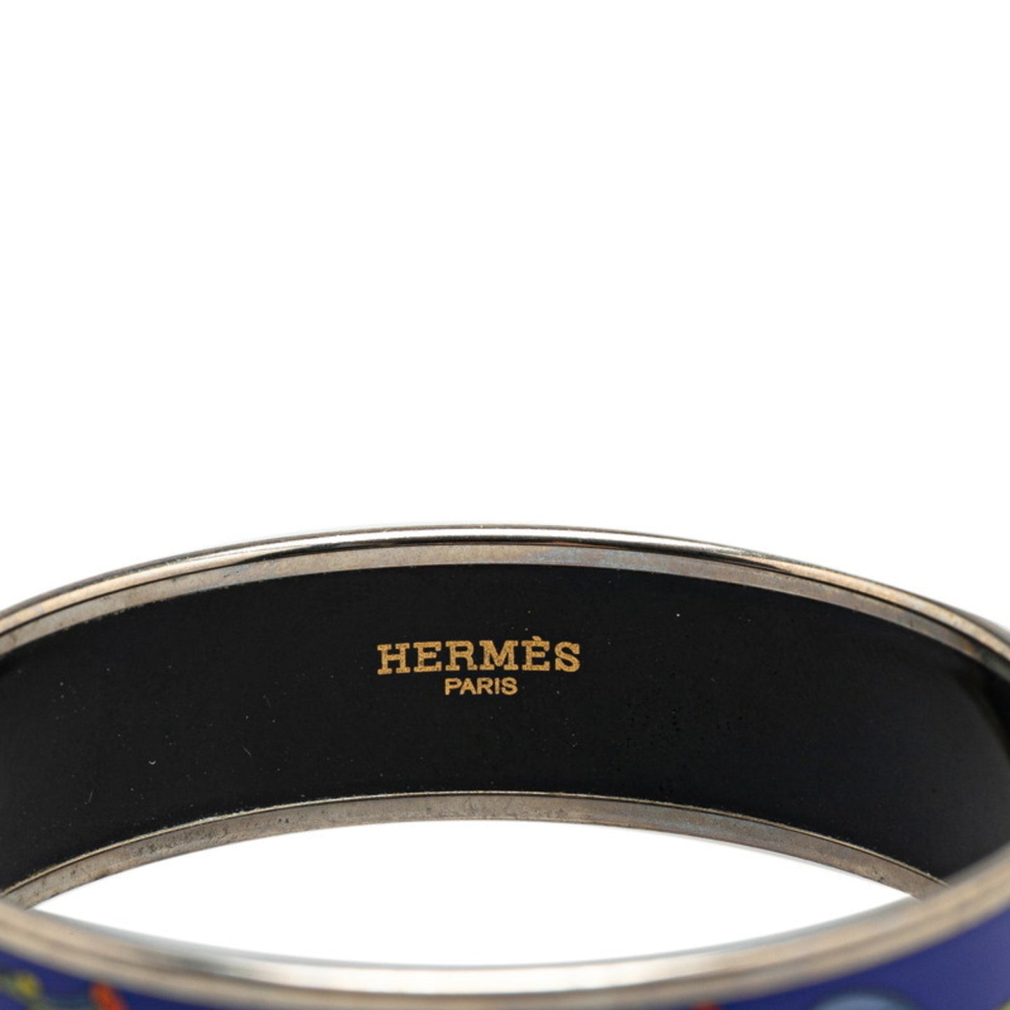 Hermes enamel GM cloisonné bangle in silver, blue, and multicolored metal for women.