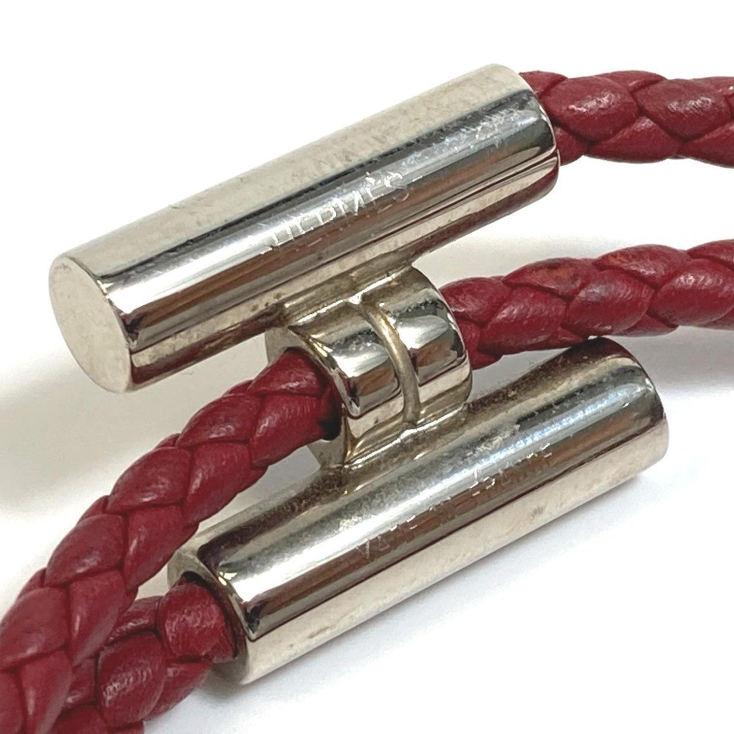 HERMES Tourni Tresse Braided Leather Bracelet with H Clasp, Unisex, Red-Brown