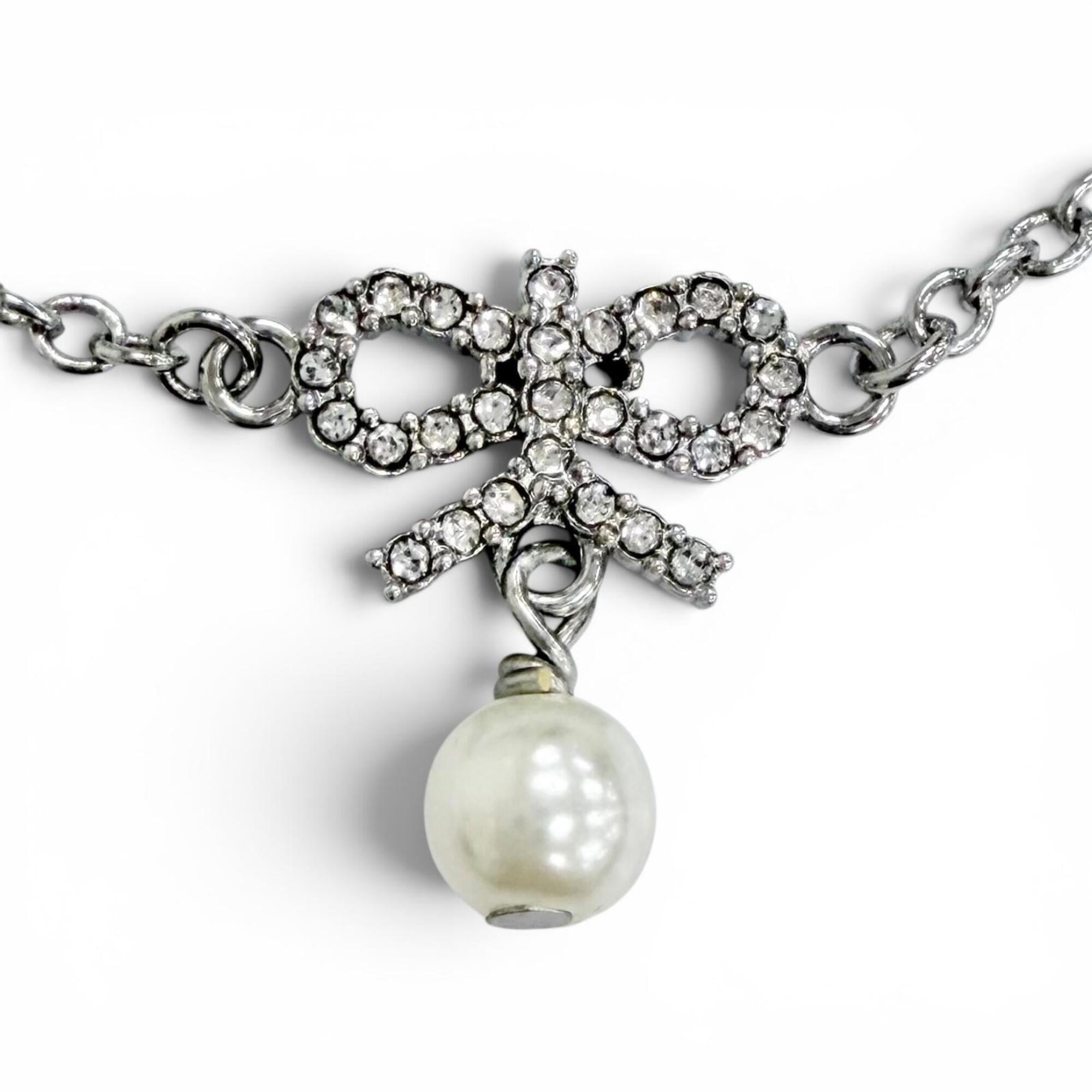 Christian Dior DIOR CD logo ribbon motif rhinestone faux pearl necklace accessory, silver, for women — Like New