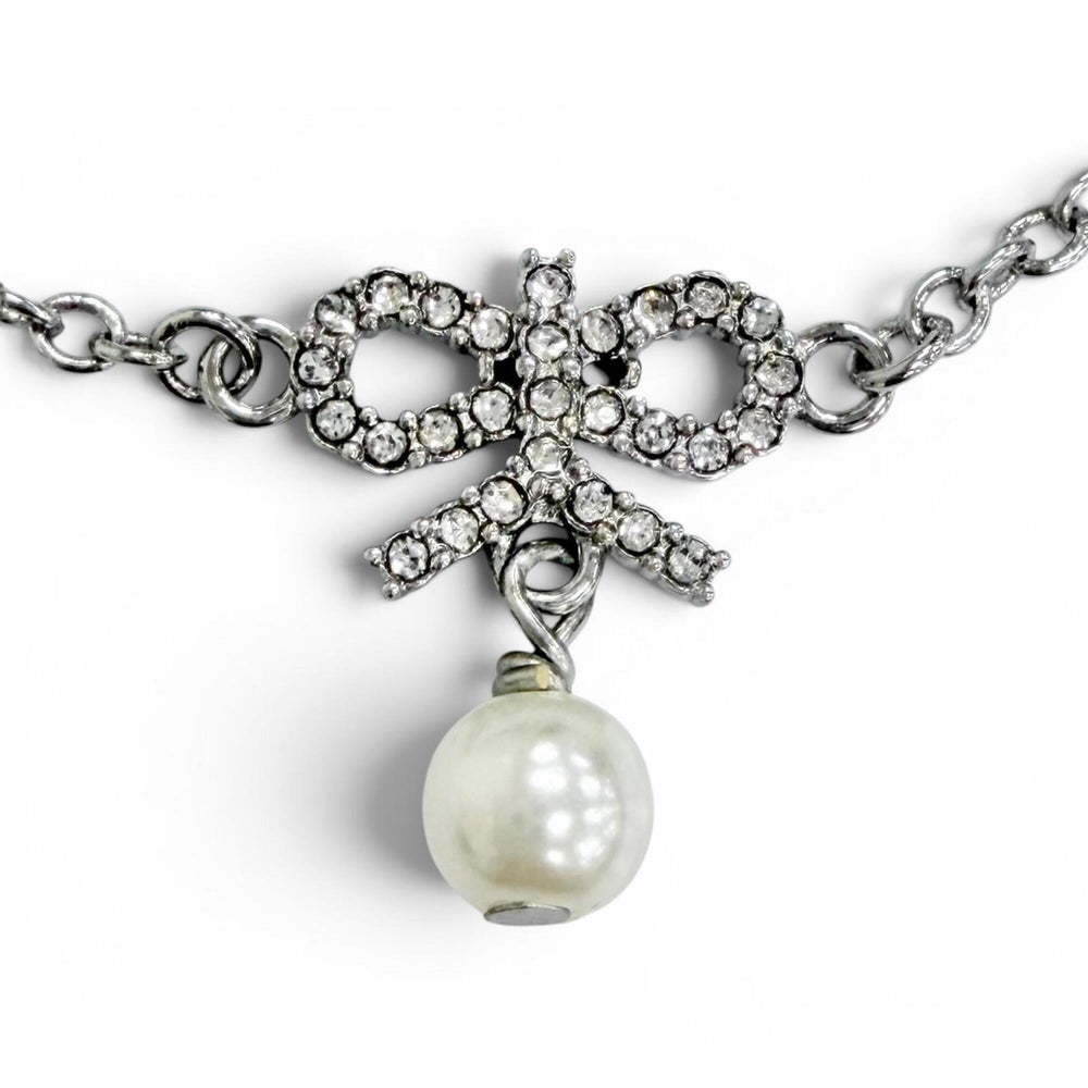 Christian Dior DIOR CD logo ribbon motif rhinestone faux pearl necklace accessory, silver, for women — Like New