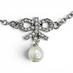 Christian Dior DIOR CD logo ribbon motif rhinestone faux pearl necklace accessory, silver, for women — Like New