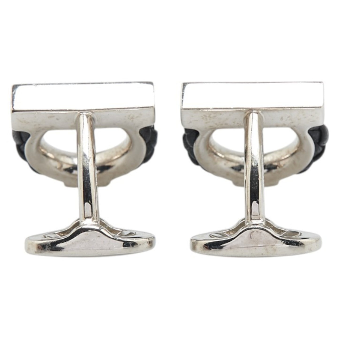 Salvatore Ferragamo Gancini Cufflinks in Silver and Black Metal with Leather, Men's
