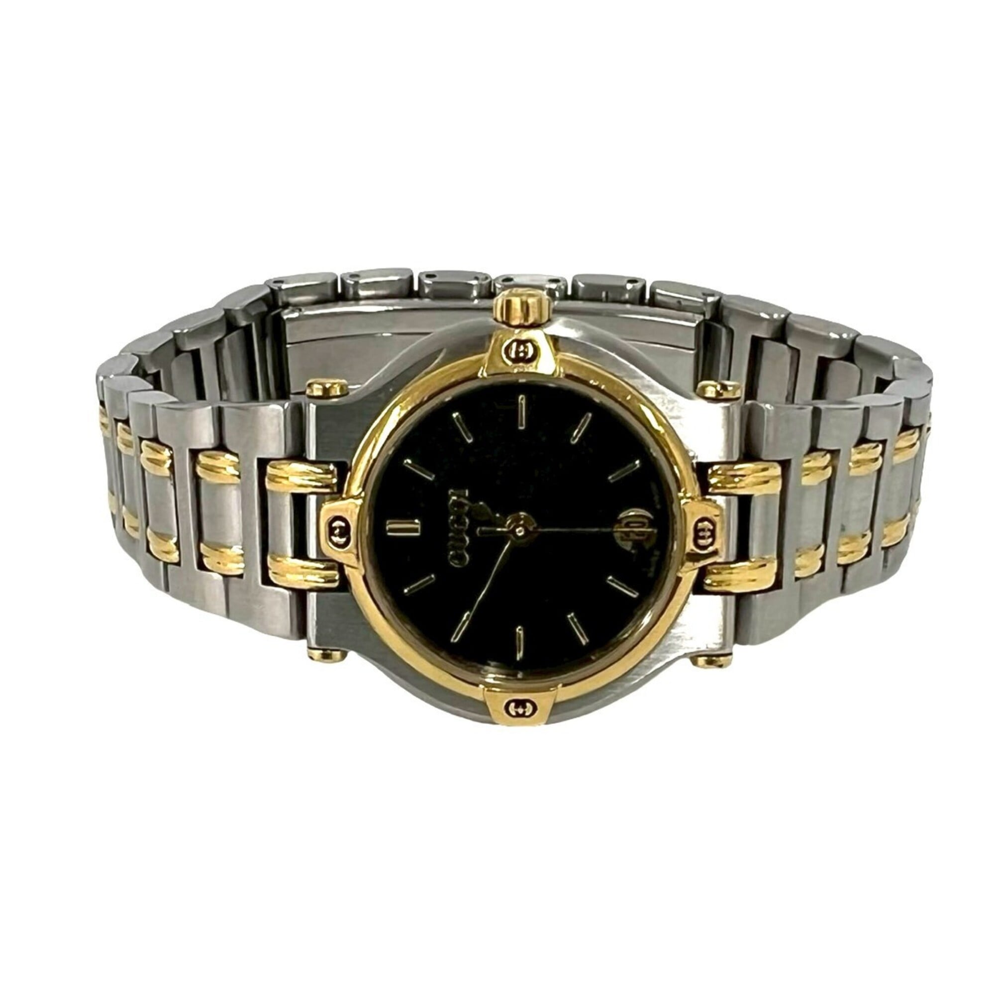 GUCCI 9000L Logo Engraved Stainless Steel Quartz Wristwatch, Silver/Gold, 37789 — Good