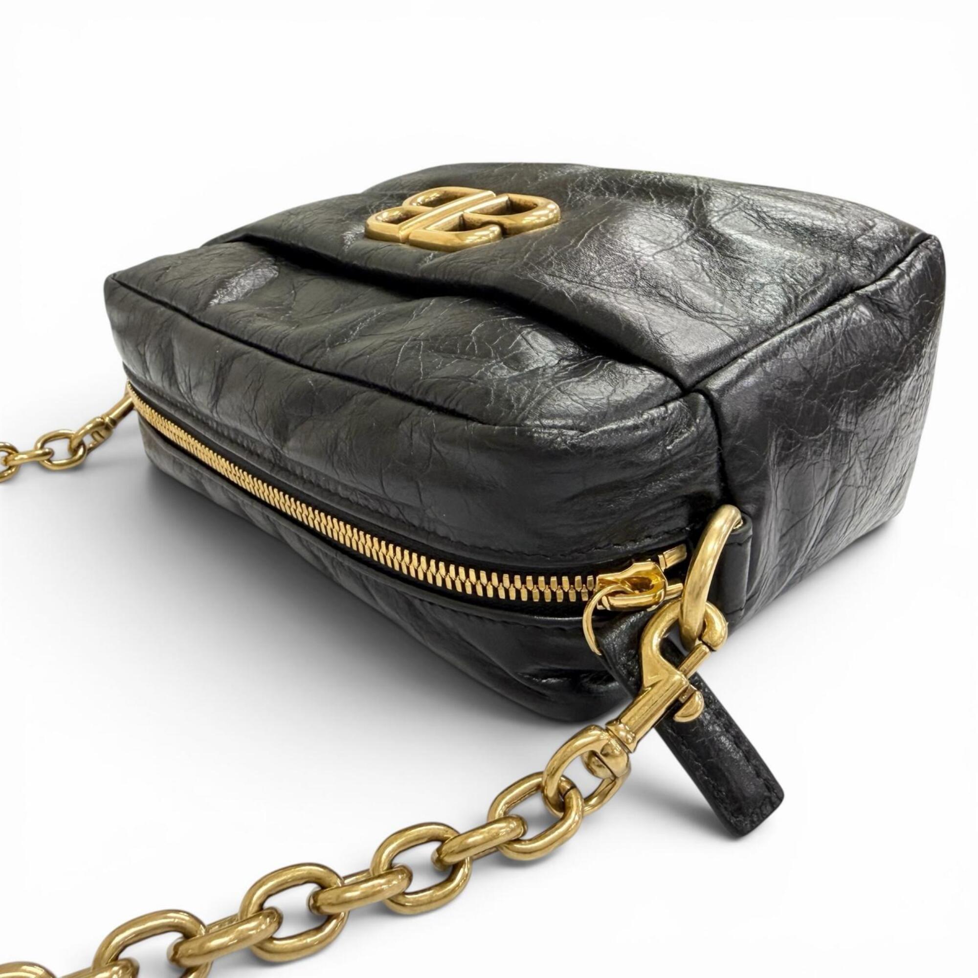 BALENCIAGA 806459 Monaco Arena Calfskin Camera Bag Chain Shoulder Black Antique Gold Hardware Made in Italy Women's — Like New