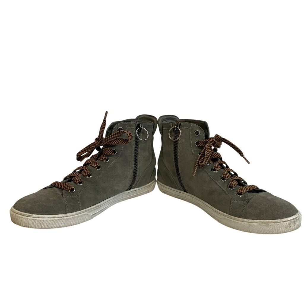 LOUIS VUITTON Men's Size 27 Side-Zip High-Top Sneakers with Peace Sign Patch, Gray