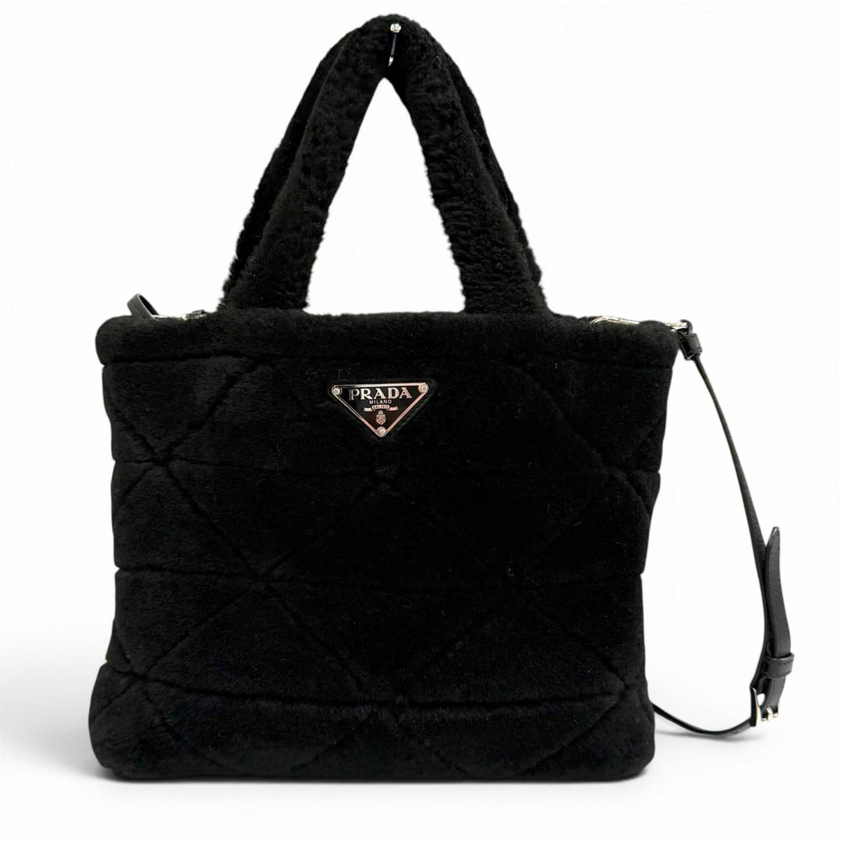 PRADA 1BG378 Triangle Logo 2-Way Shearling Fur Shoulder Bag with Pouch, Black, Made in Italy, Women's, Dust — Like New