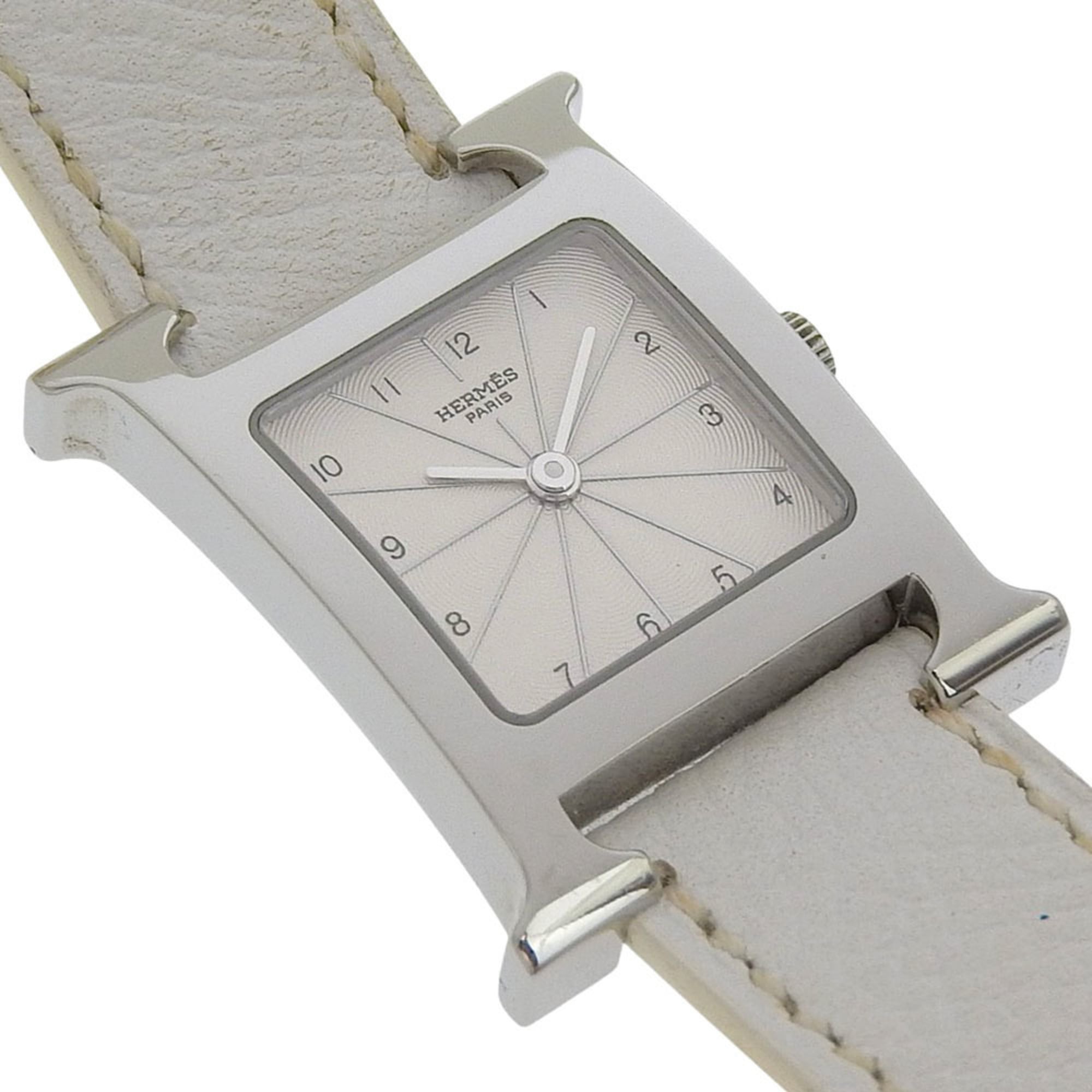 Hermès H Watch Double Tour HH1.210, stainless steel and smooth leather, made in France, 2012, silver P quartz movement, analog display, white dial, Heure watch for women — Good