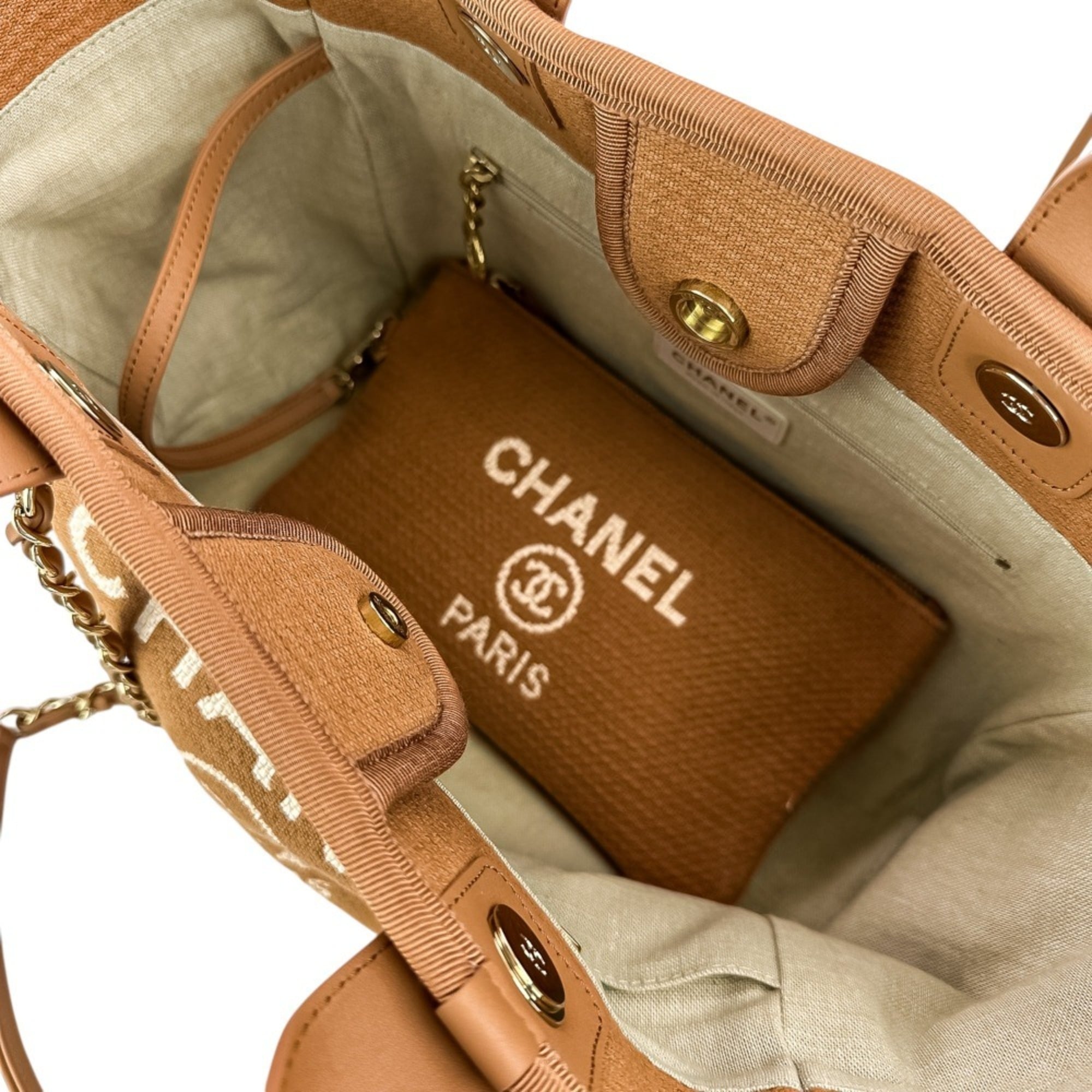 CHANEL Deauville MM Tote Bag, Chain Shoulder Handbag with Pouch, A67001 Pink Beige, Women's — Like New