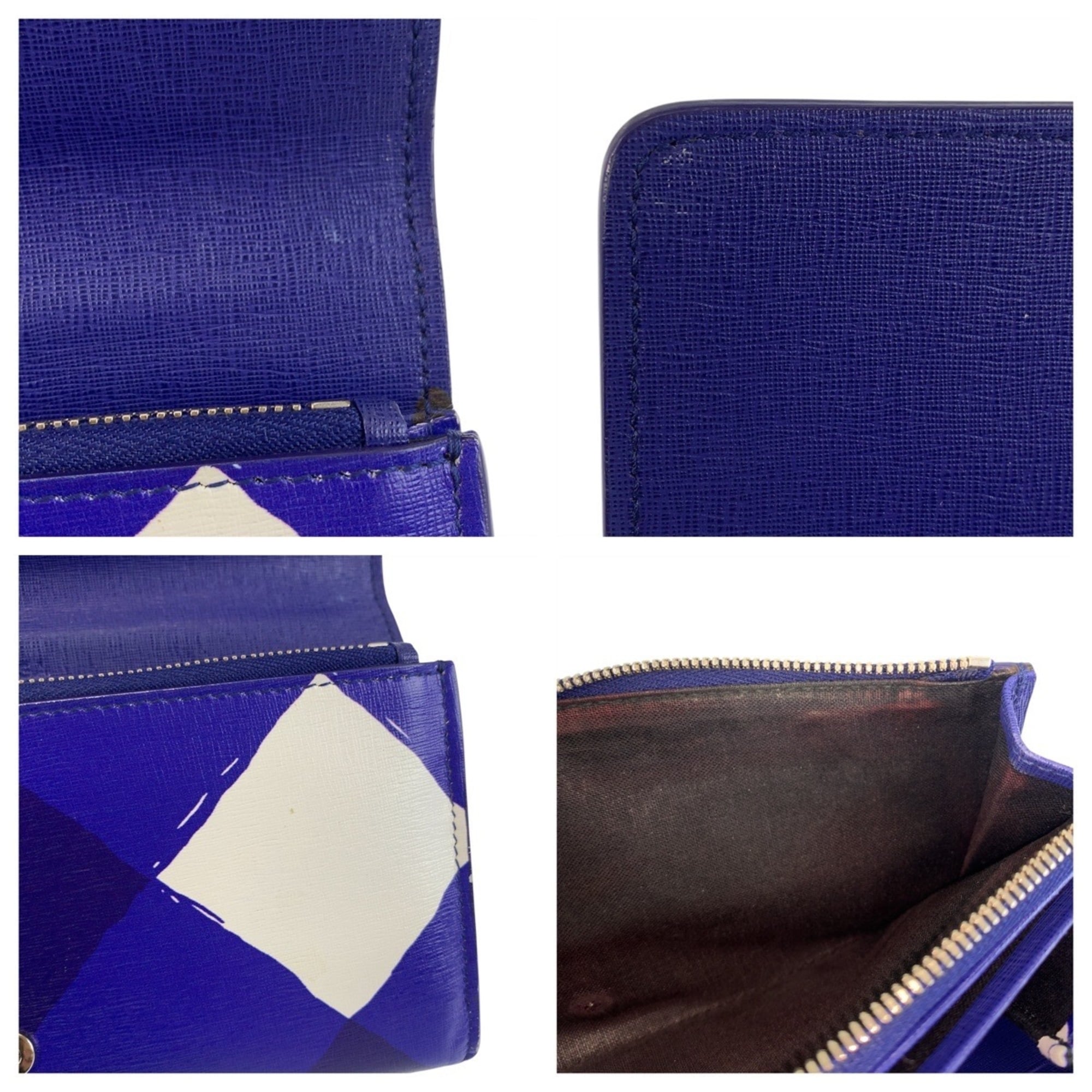 BALENCIAGA Blue and White Leather Long Wallet with Silver Hardware for Women