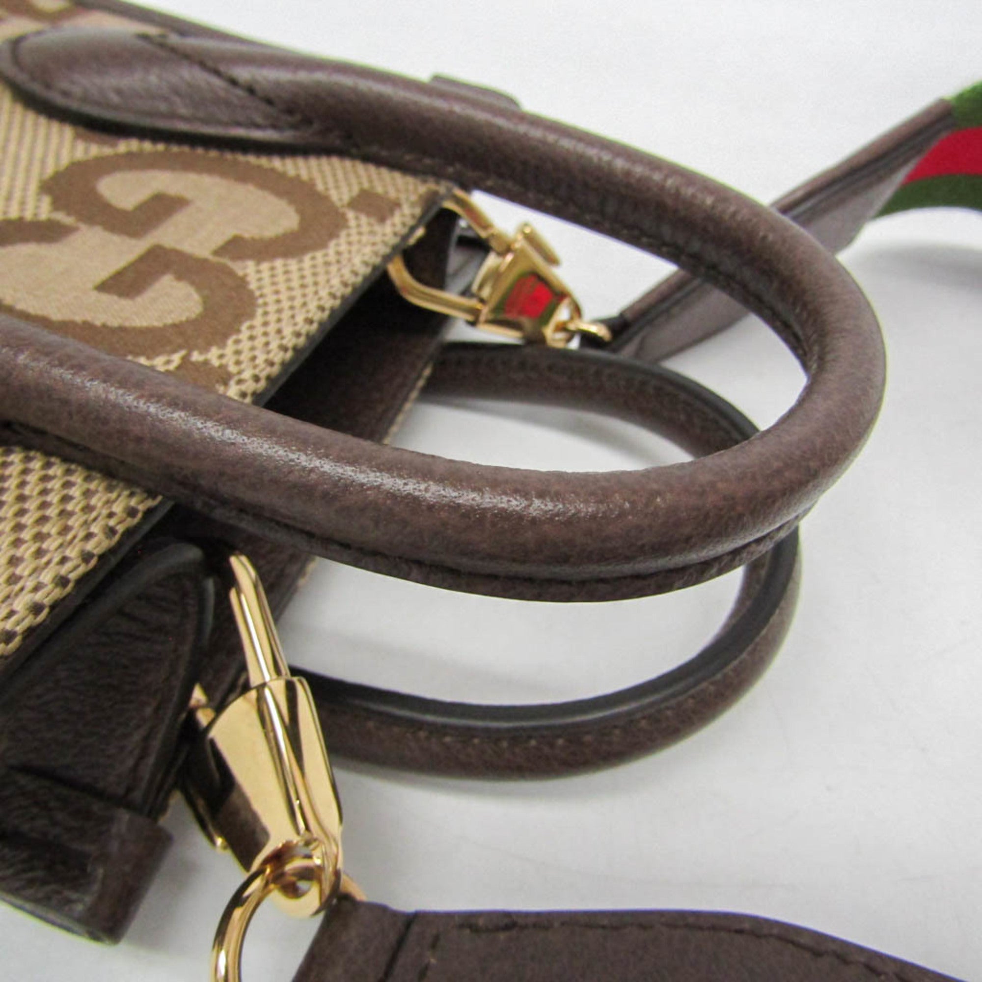 Gucci Jumbo GG Mini 699406 Women's Canvas,Leather Handbag,Shoulder Bag Beige,Dark Brown — Like New