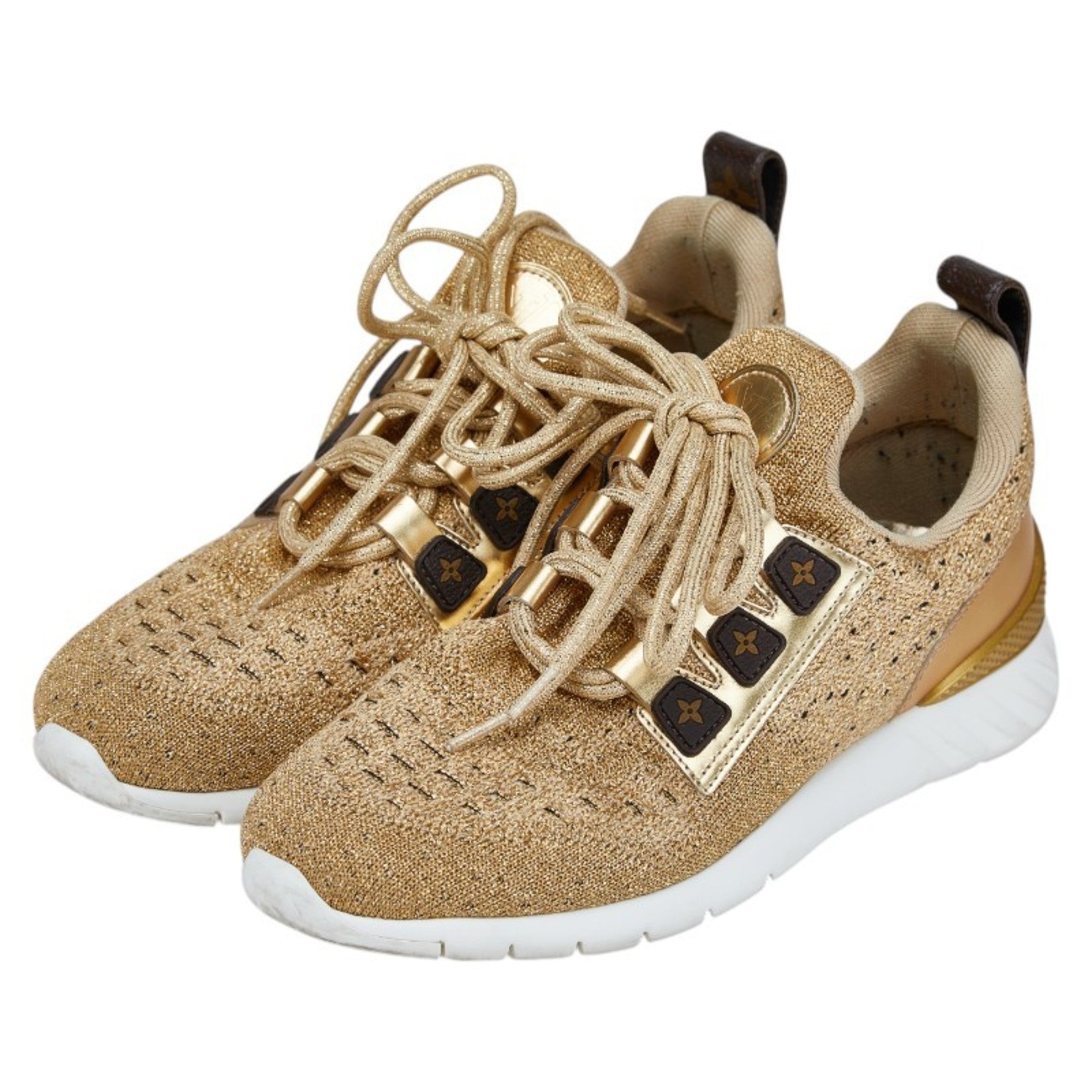 Louis Vuitton After Game Sneakers, Size 36 1/2, Gold and Brown Patent Leather Fabric, Women's, LOUIS VUITTON