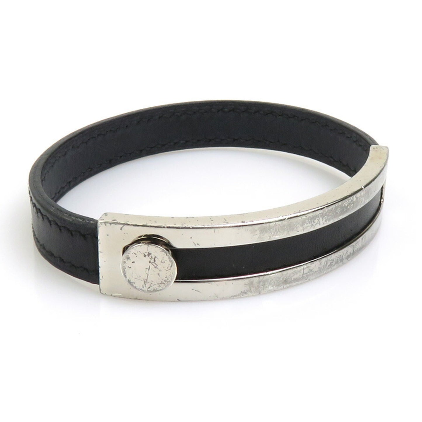Hermes Hermès Puspus Bracelet, Leather, Metal, Black, Silver, Men's/Women's, 56347a