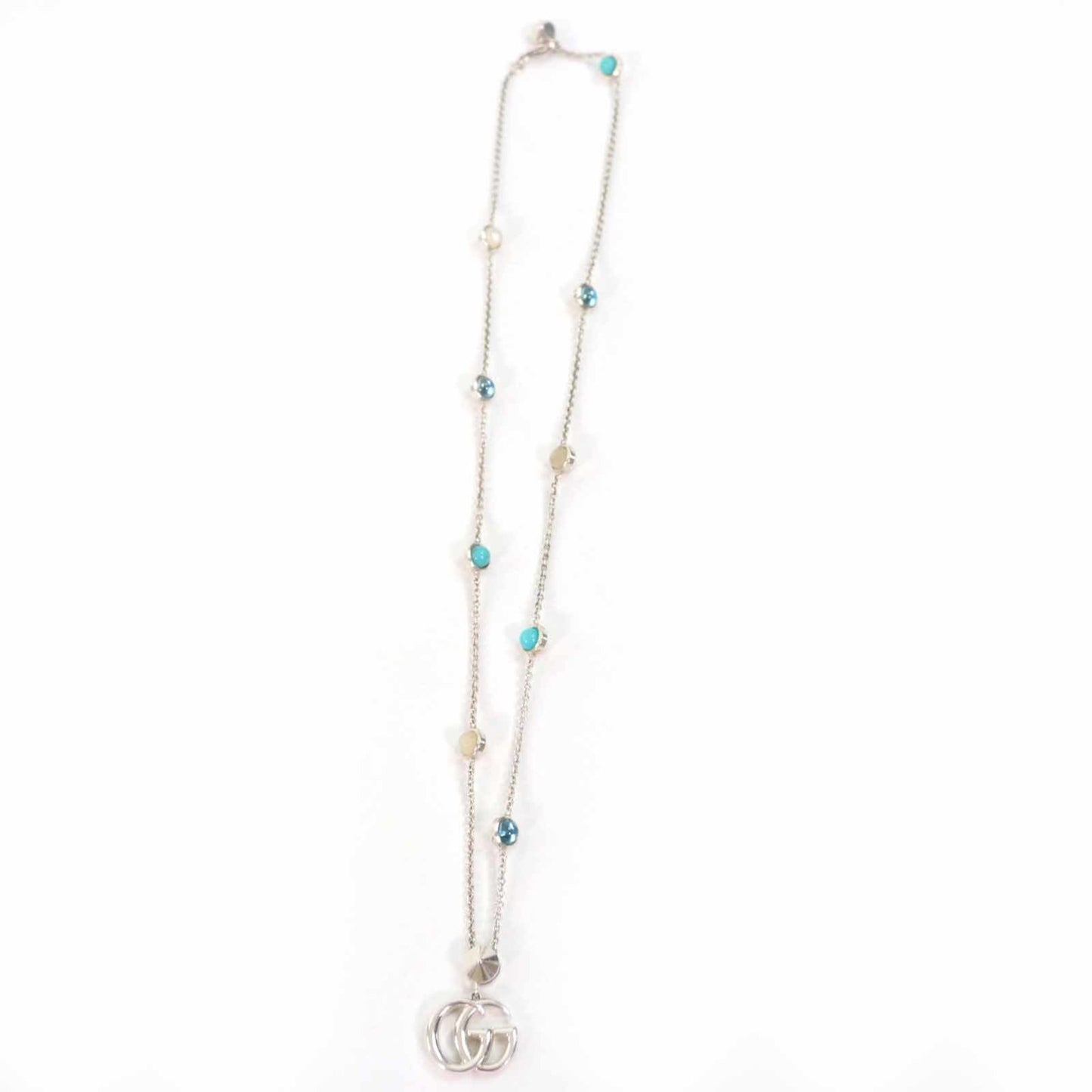 GUCCI 527399 Double G Mother-of-Pearl Necklace, Current Model, AG925, Colored Stones, Silver, Light Blue, Made in Italy, Weight 10.6g, Women's