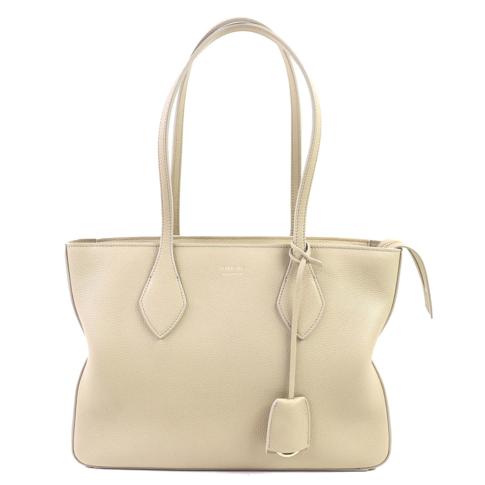 Salvatore Ferragamo FERRAGAMO 219861 Tote Bag M Calf Leather with Clochette, Can be Carried on Shoulder, Light Beige, Comes Dust Bag, Made in Italy, Women's — Like New