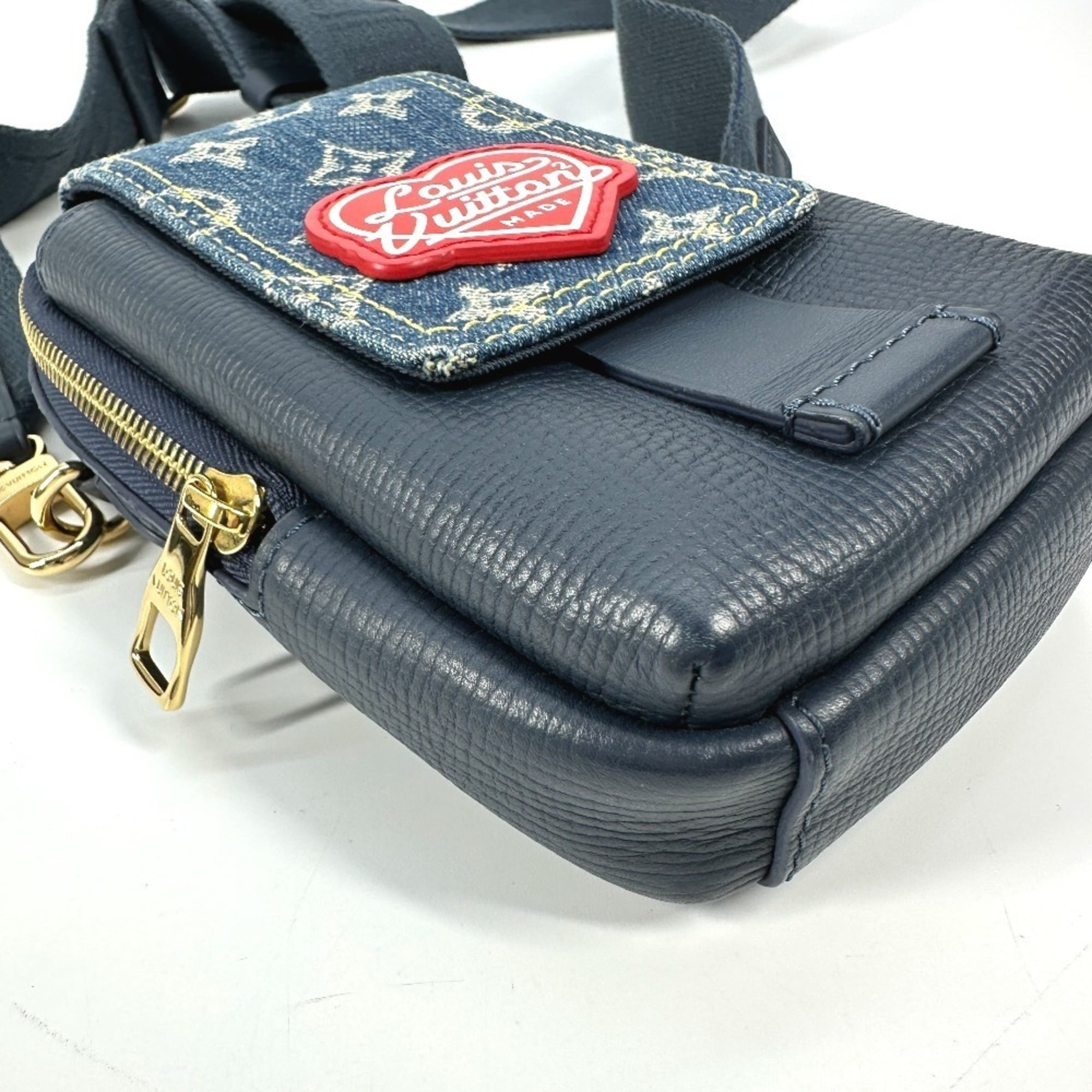 LOUIS VUITTON M81060 Monogram Denim NIGO Collaboration Double Phone Pouch Bag Pochette Crossbody Shoulder Leather Men's Women's Blue — Like New